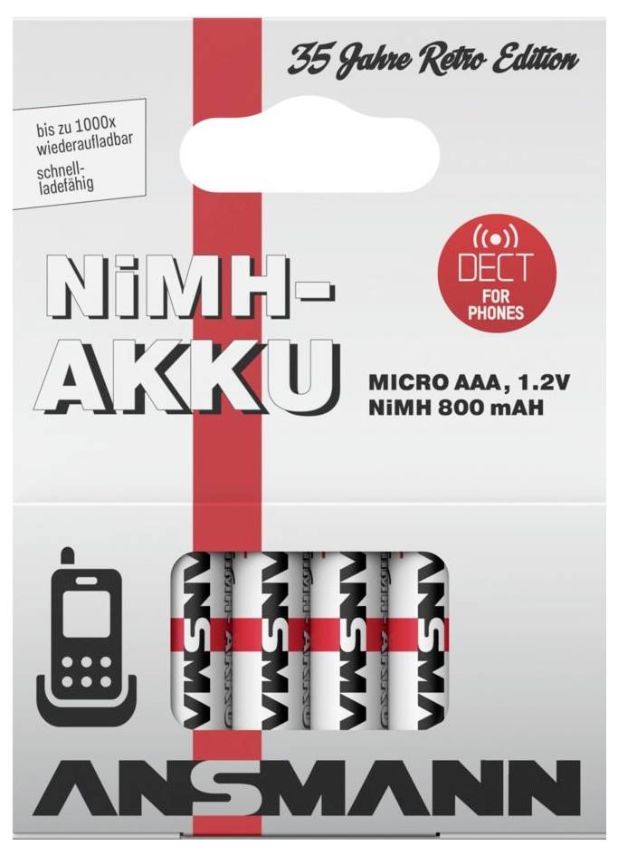 Paket mit vier ANSMANN NiMH AAA Akkus, 1,2V, 800 mAh, beschriftet mit 'DECT für Telefone' und '35 Jahre Retro Edition'.