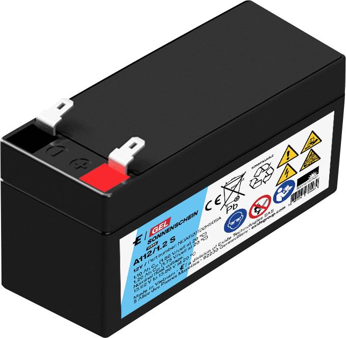 Schwarze rechteckige wiederaufladbare Batterie mit roten und weißen Anschlüssen und Warnhinweisen auf der Seite.