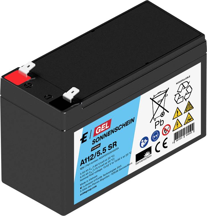 Schwarze versiegelte Blei-Säure-Gelbatterie mit roten und weißen Anschlüssen, dargestellt auf weißem Hintergrund mit Produktetikett und Warnsymbolen.