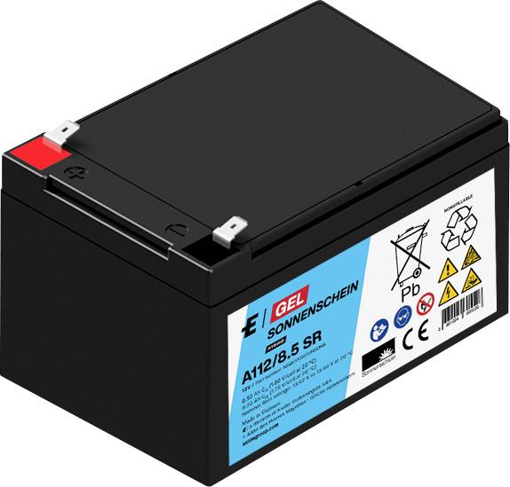 Schwarze wiederaufladbare Batterie mit gekennzeichneten Anschlüssen und Warnsymbolen auf weißem Hintergrund.