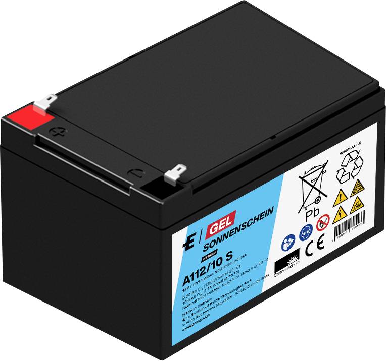 Schwarze versiegelte wiederaufladbare Batterie mit beschrifteten Anschlüssen auf weißem Hintergrund.