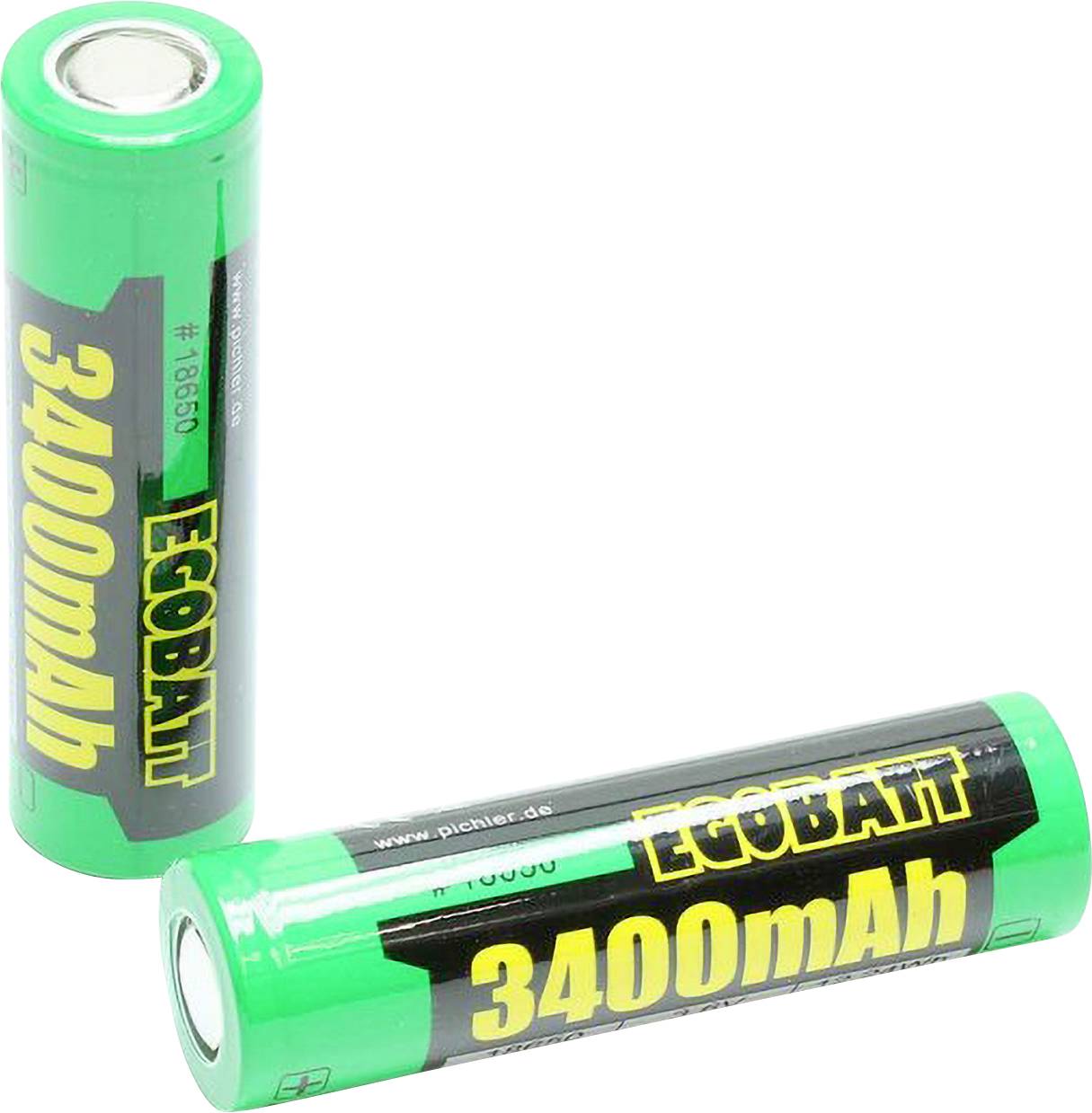 Zwei grüne Ecolatt 3400mAh wiederaufladbare Batterien, eine aufrecht stehend und eine horizontal liegend auf weißem Hintergrund.