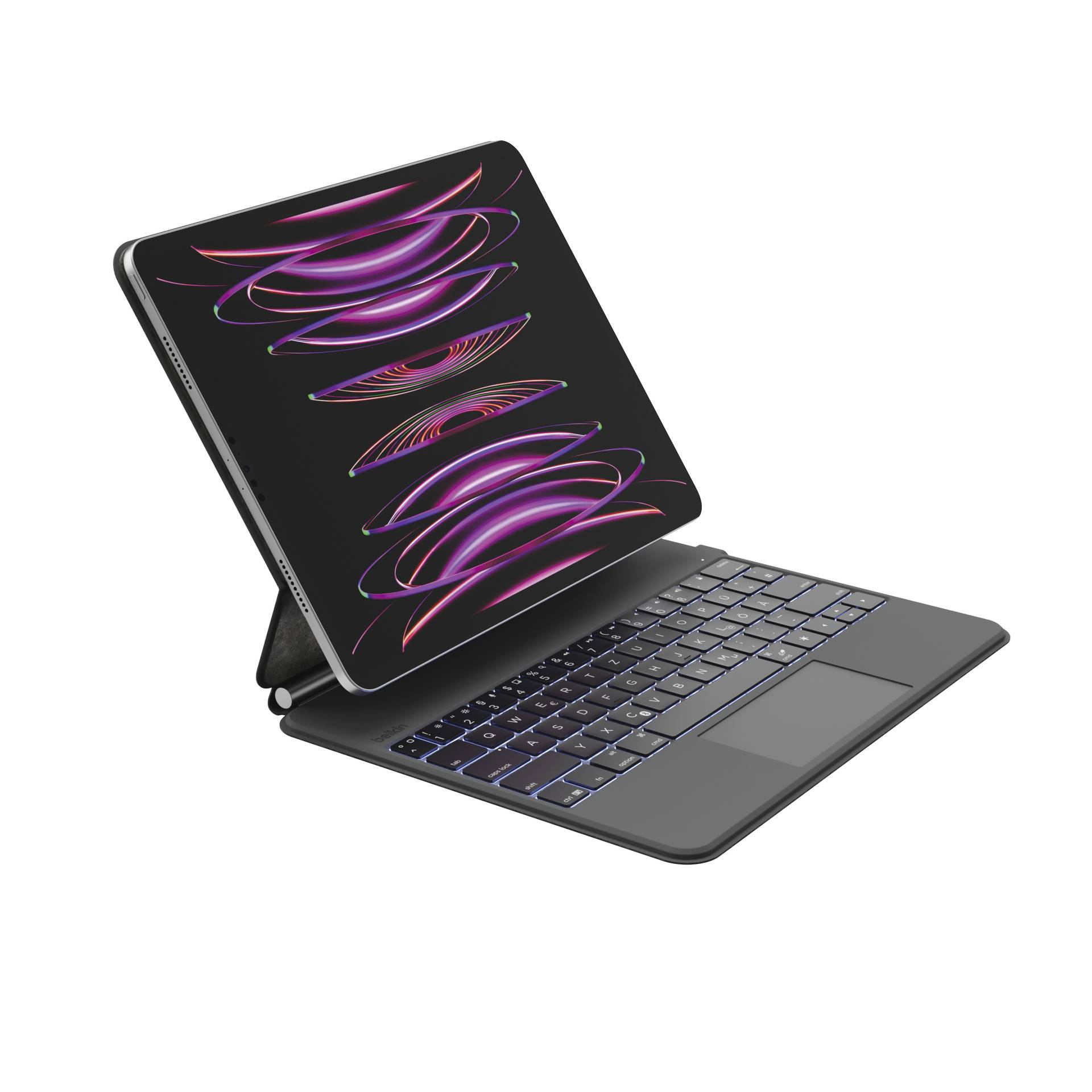 Ein geneigtes Tablet, das an einem Tastaturgehäuse befestigt ist und auf dem Bildschirm ein buntes abstraktes Neonmuster anzeigt.