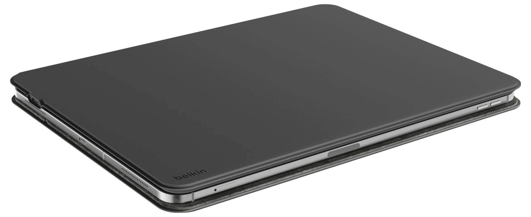 Geschlossener schwarzer Laptop, gezeigt in einer Seitenansicht auf weißem Hintergrund.