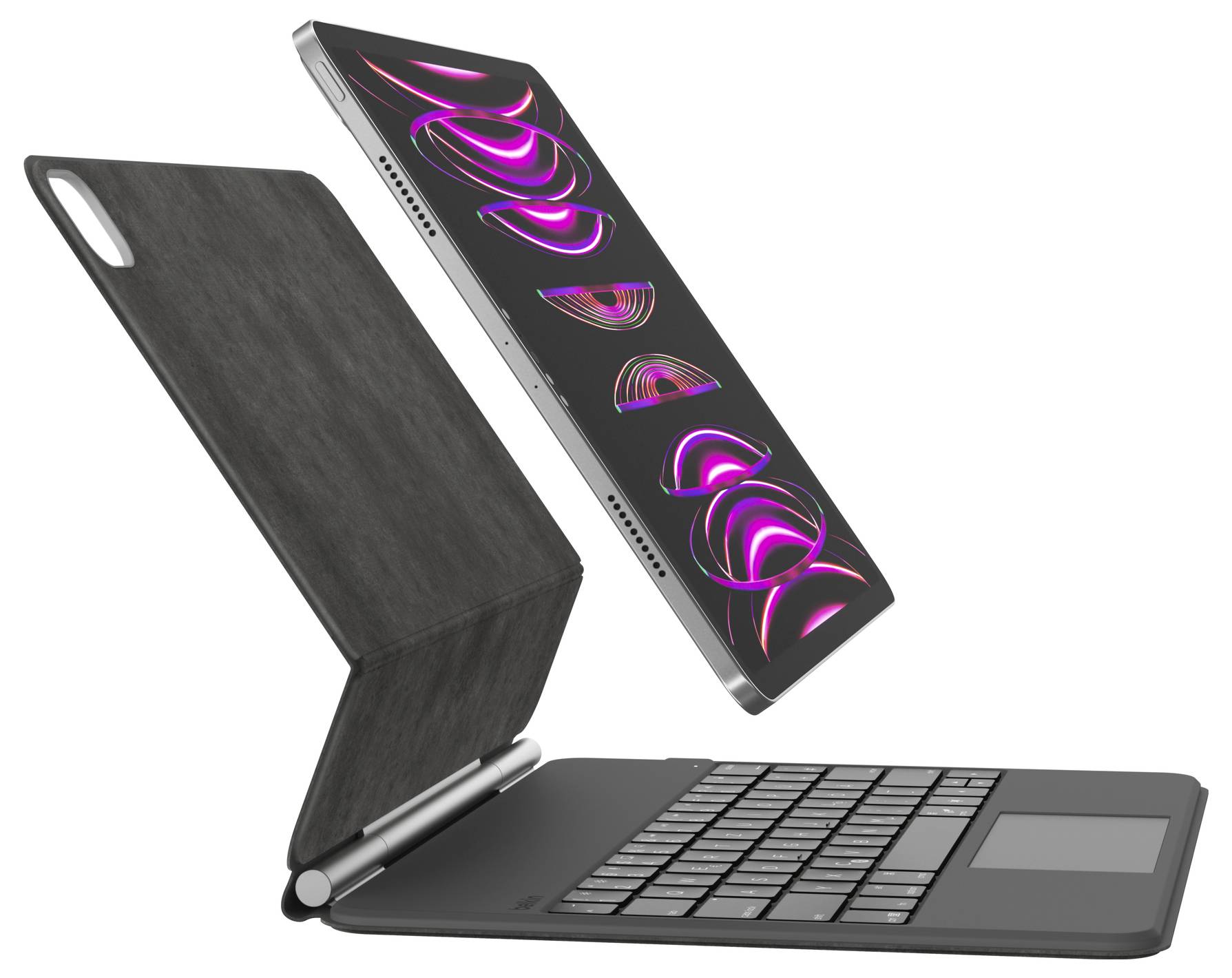 Ein Tablet oder Laptop mit abnehmbarem Tastaturgehäuse, geöffnet gezeigt, wobei der Bildschirm schwebt und eine dunkle Schutzabdeckung nach hinten umgeklappt ist.