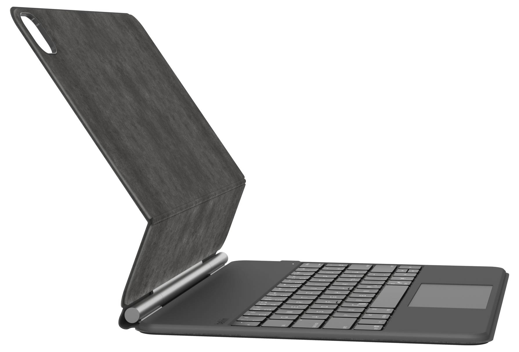 Schwarzer Laptop, teilweise in steilem Winkel aufgeklappt, mit sichtbarer Tastatur, Trackpad und Bildschirm vor weißem Hintergrund.