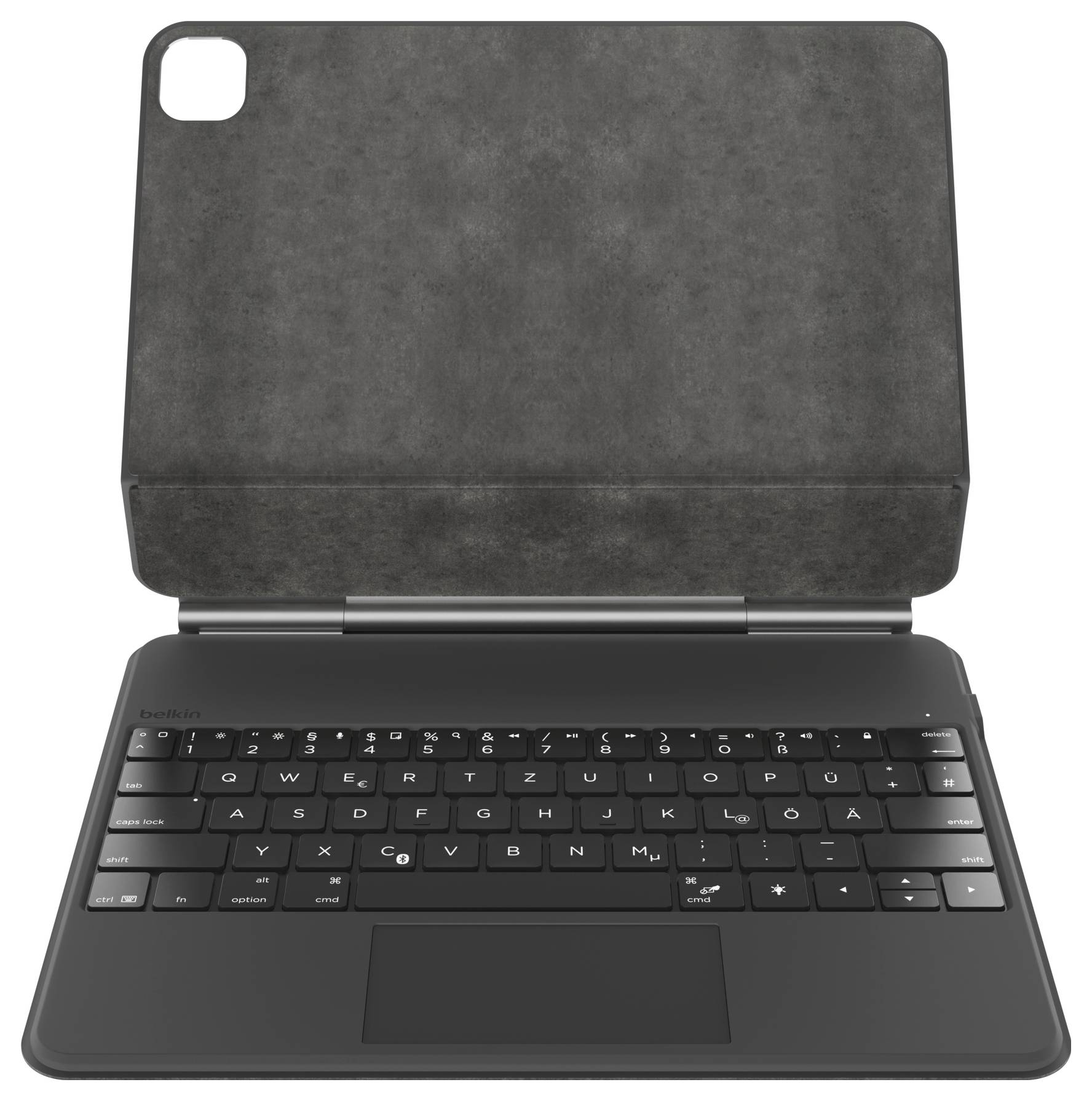Schwarze Tablet-Tastaturhülle mit integriertem Trackpad und Klappcover, offen auf weißem Hintergrund dargestellt.