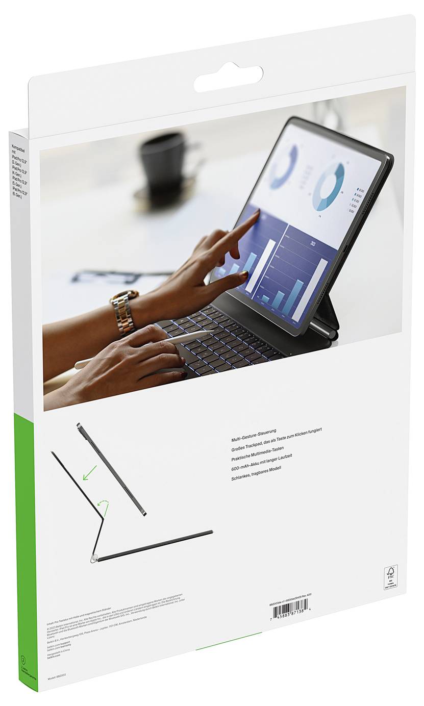 Produktverpackung mit einem Tablet, das Analyse-Dashboards zeigt, und einer Hand, die einen Stylus verwendet, was auf eine digitale Berichts- oder Business-Produktivitäts-App hindeutet.