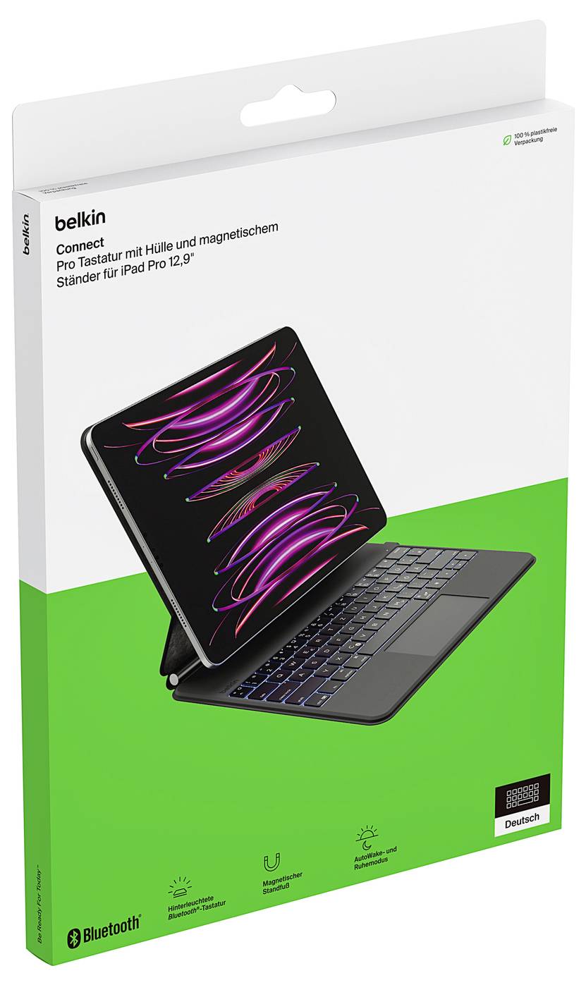 Belkin Connect Pro Ständer für iPad Pro 12,9 Zoll, gezeigt als Tablet-Hülle mit Tastatur und magnetischem Ständer auf der Produktverpackung.