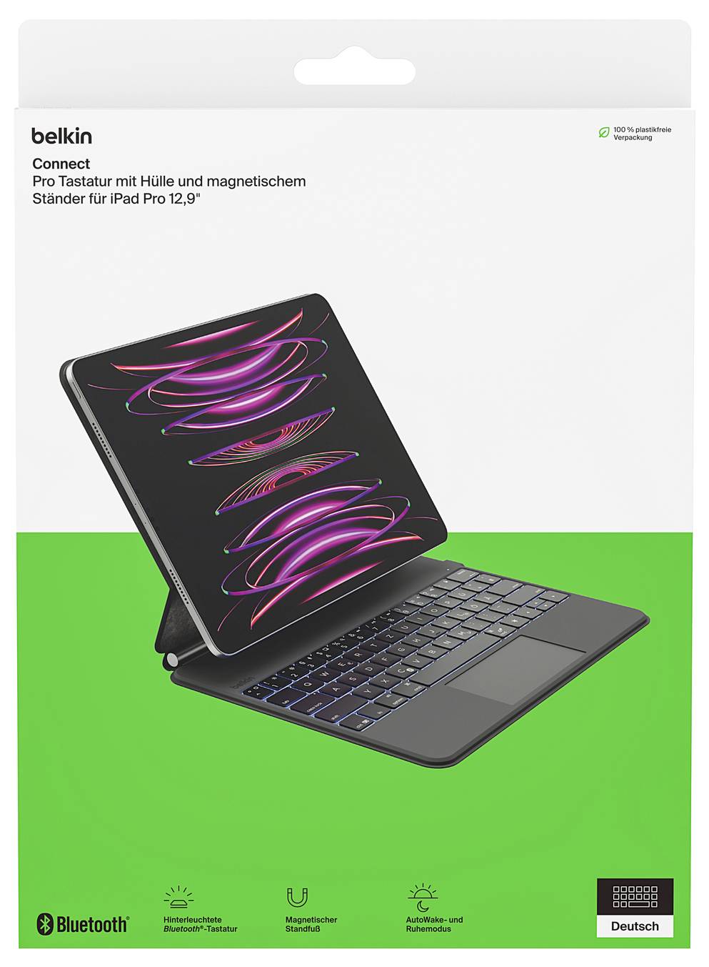Belkin Connect-Tastaturgehäuse für iPad Pro 12,9 Zoll, aufgeklappt mit magnetischem Ständer und Trackpad auf grünem Hintergrund.