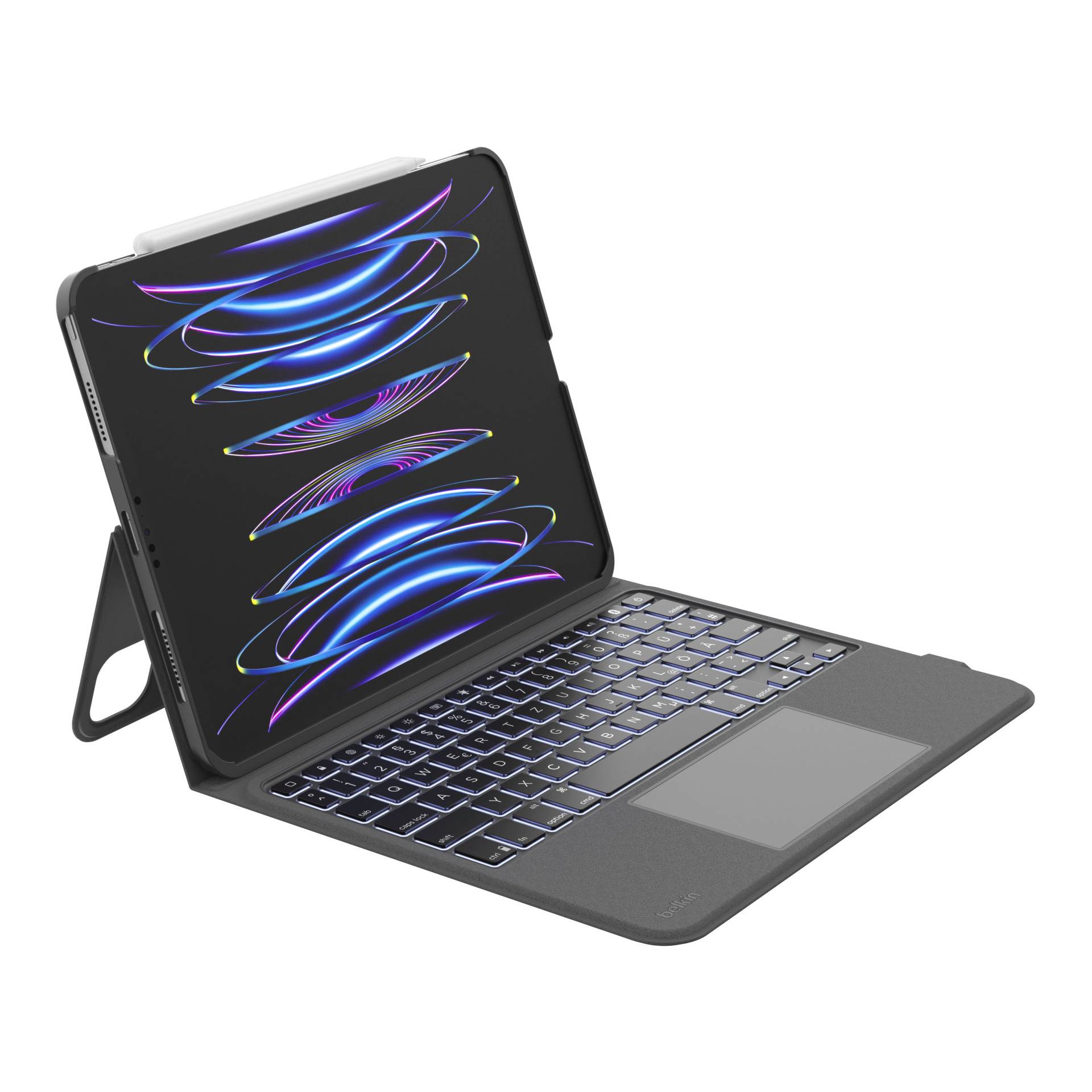 Tablet in einem Tastaturgehäuse mit Ständer, offen im Winkel gegen einen weißen Hintergrund abgebildet.