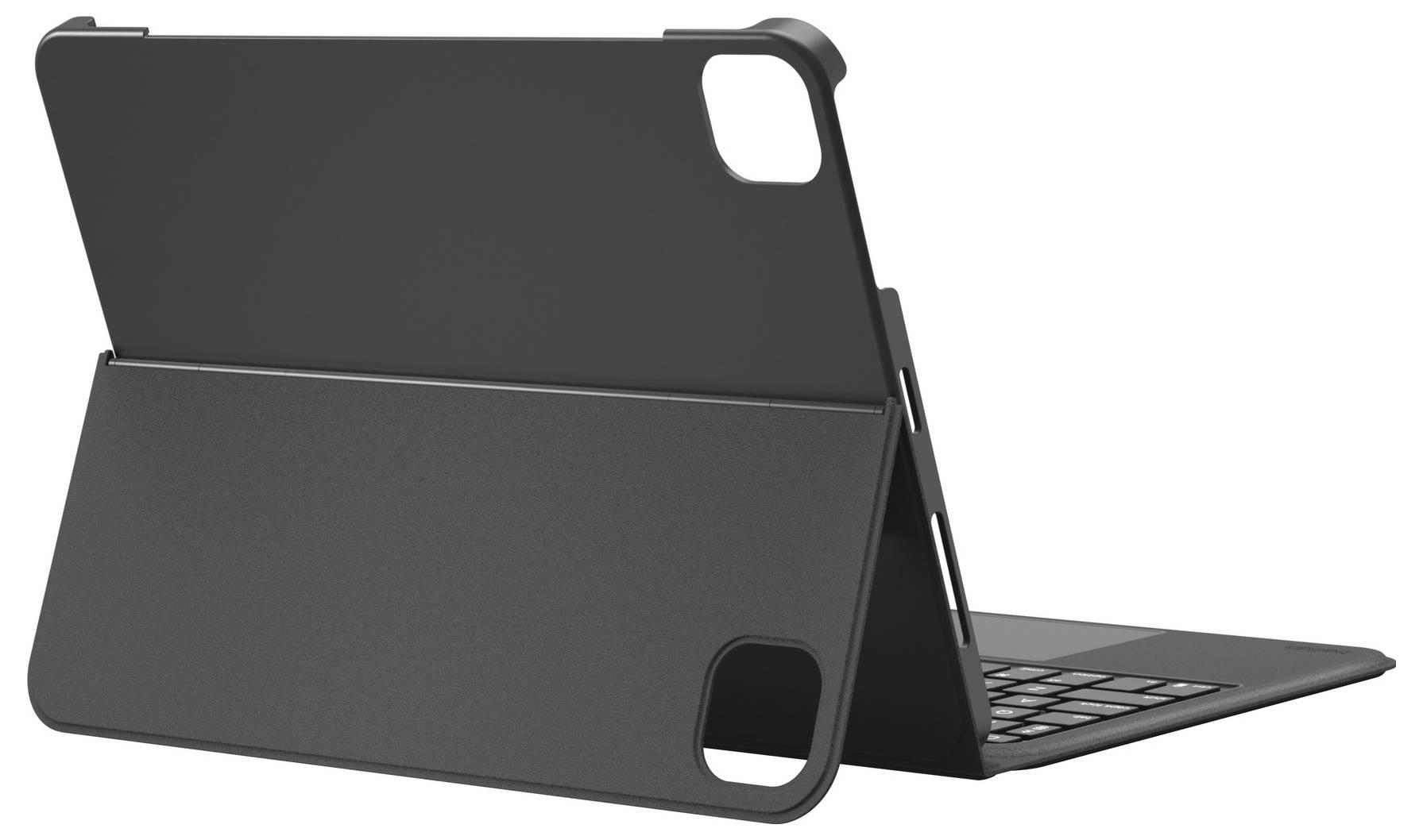 Schwarze Tablet-Folio-Hülle mit integrierter Tastatur, dargestellt im offenen Standbetrieb mit teilweise sichtbarem Tablet.