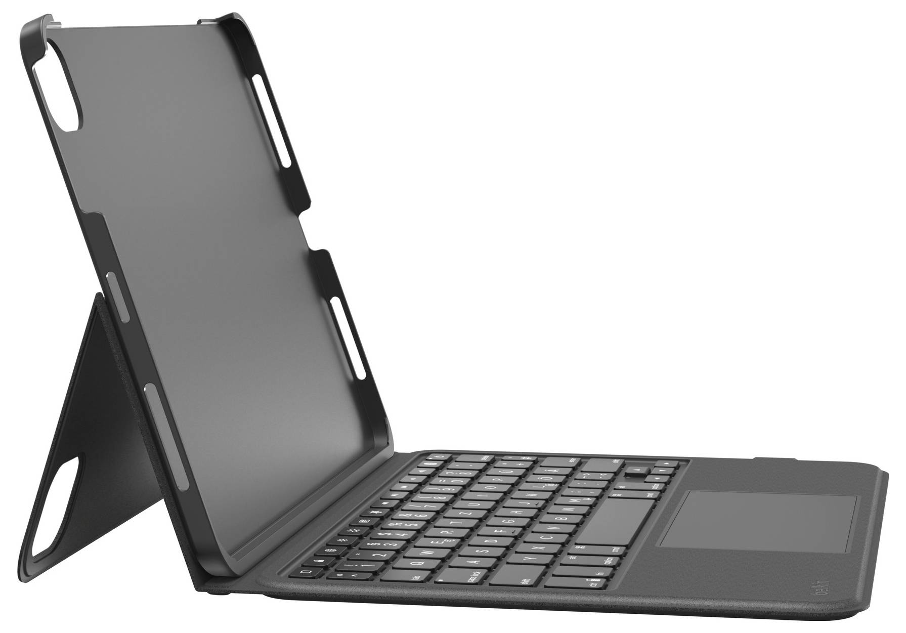 Tablet in einer schützenden Tastaturhülle, geöffnet im Standbetrieb mit angebrachter Tastatur und Trackpad.