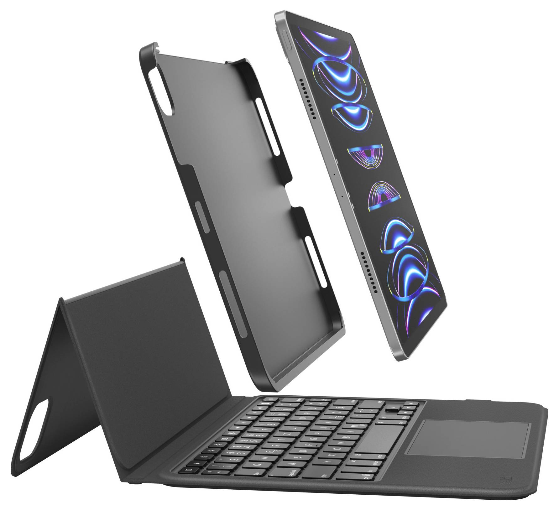 Laptop mit abnehmbarer Schutzhülle und Tastatur aus mehreren Blickwinkeln gezeigt, einschließlich eines Ständers und farbenfrohem Vorderseitendesign.