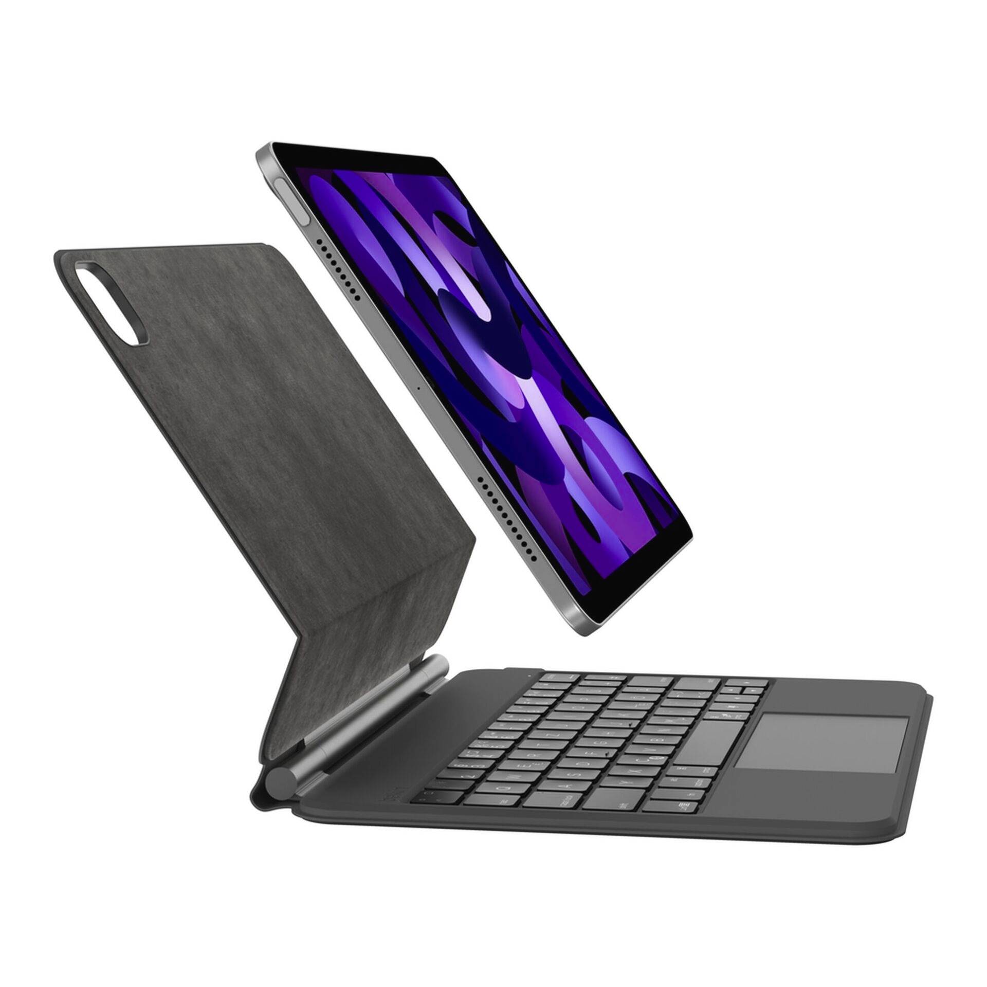 Tablet schwebt über einer offenen Tastatur-Folioschutzhülle und zeigt eine abnehmbare Tablet-Tastatur-Zubehör auf weißem Hintergrund.