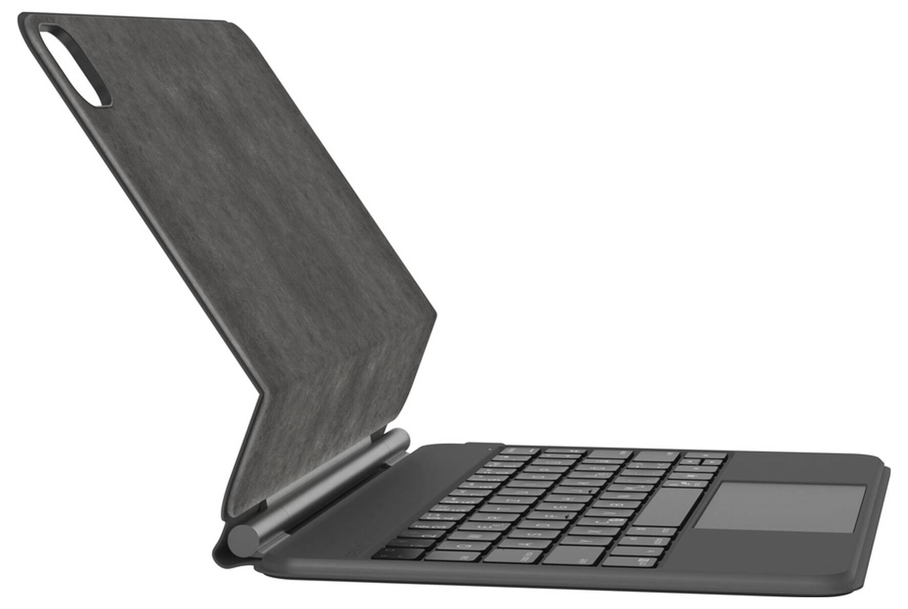 Offener schwarzer Laptop in Seitenansicht mit hochgeklapptem Deckel und sichtbarer Tastatur.
