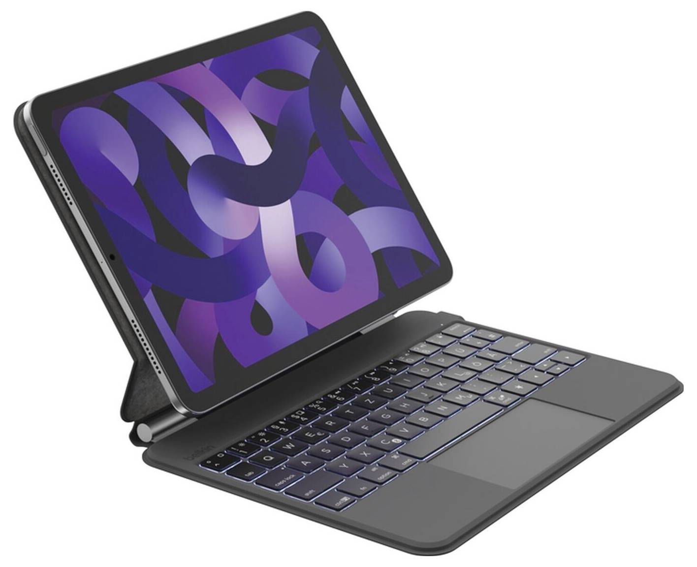 Tablet in einem Keyboard-Folio-Case, schräg aufgeklappt wie ein kleiner Laptop, mit einem lila abstrakten Hintergrundbild auf dem Bildschirm.