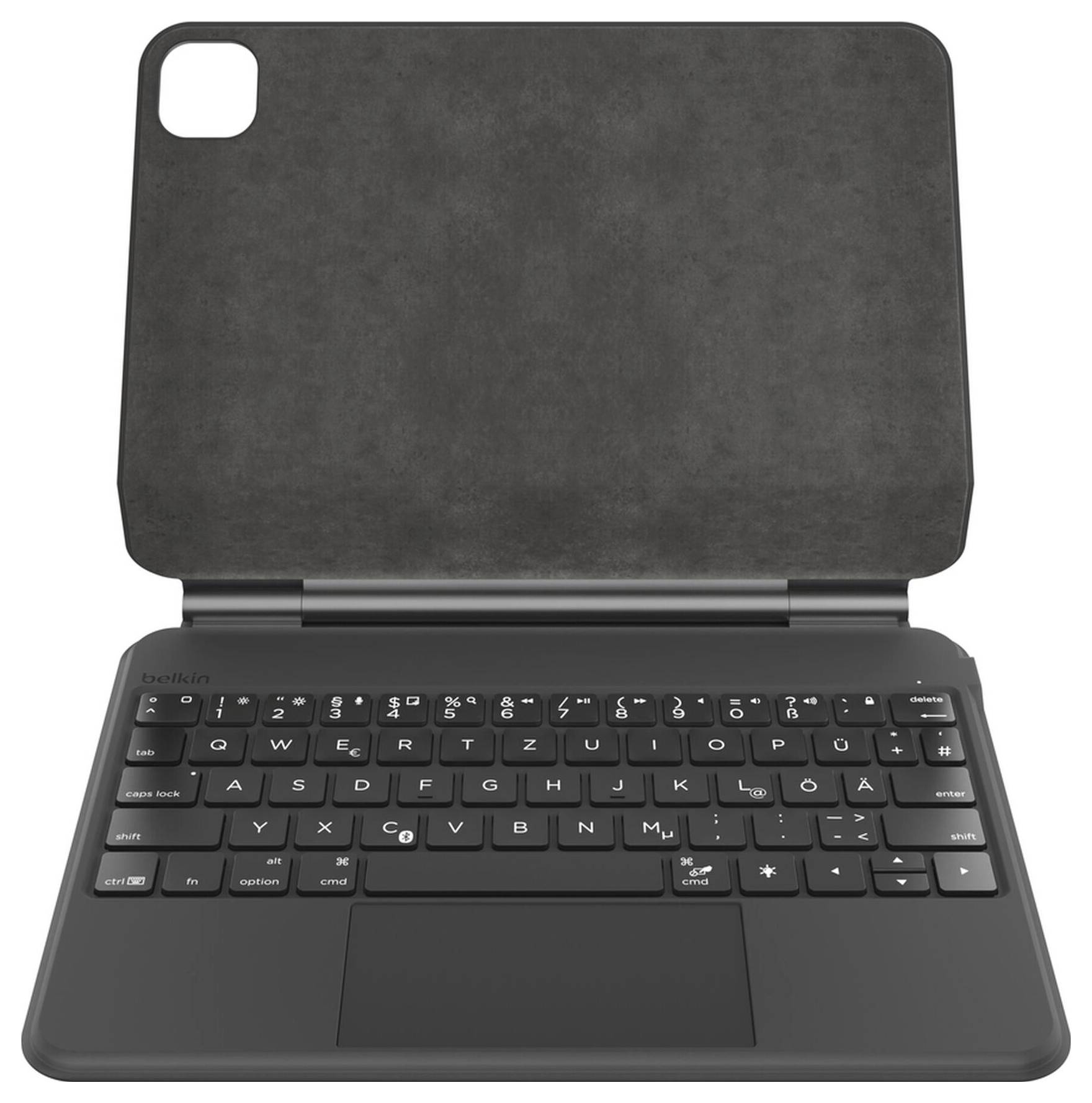 Schwarze iPad-Tastaturhülle mit integriertem Trackpad und offener Schutzhülle.