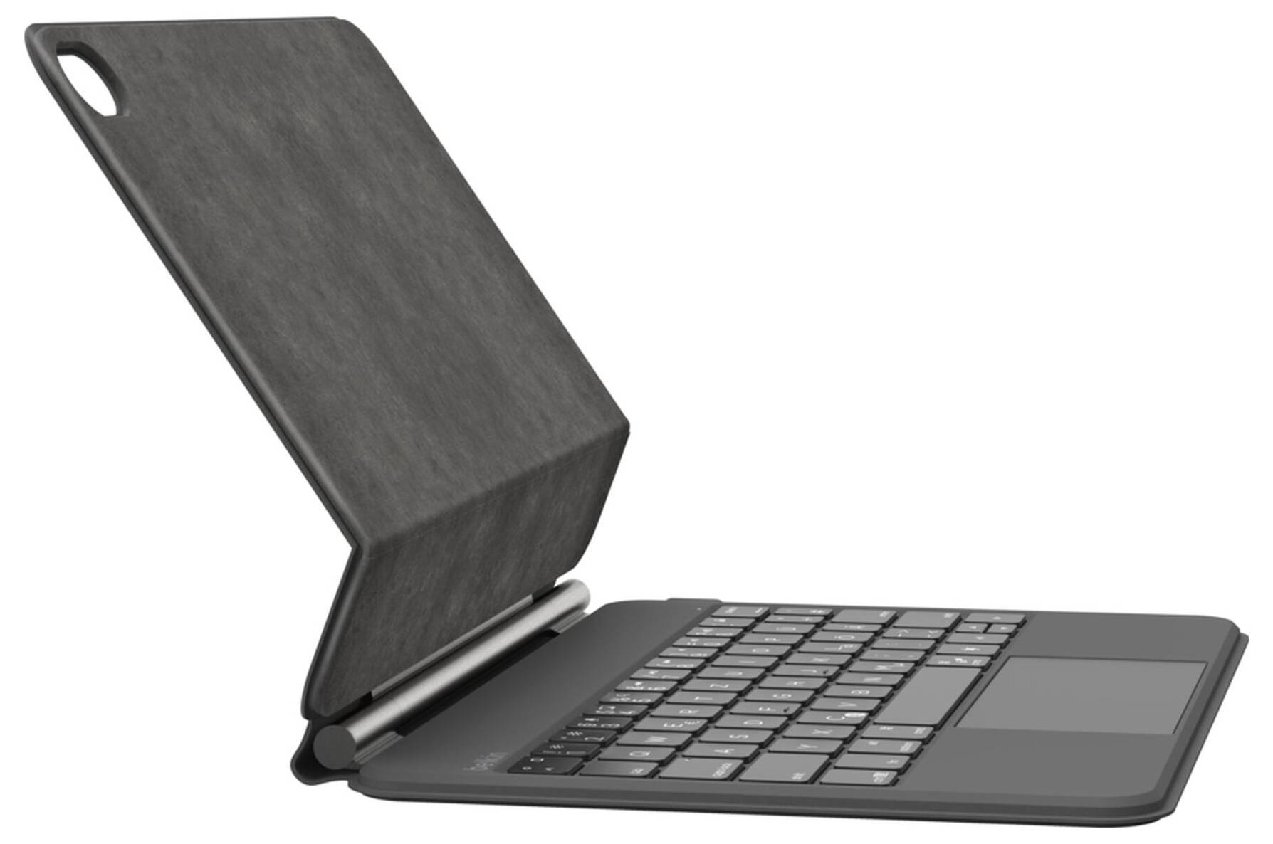 Ein schwarzer Laptop in einer Schutztasche, aufgeklappt in einem Winkel dargestellt, mit sichtbarer Tastatur und der Abdeckung, die als Ständer fungiert.