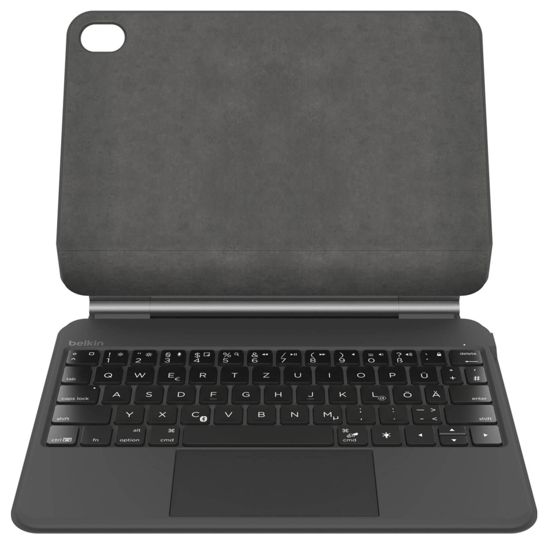 Schwarze Tablet-Tastaturhülle mit integriertem Trackpad und Rückabdeckung, offen vor weißem Hintergrund dargestellt.