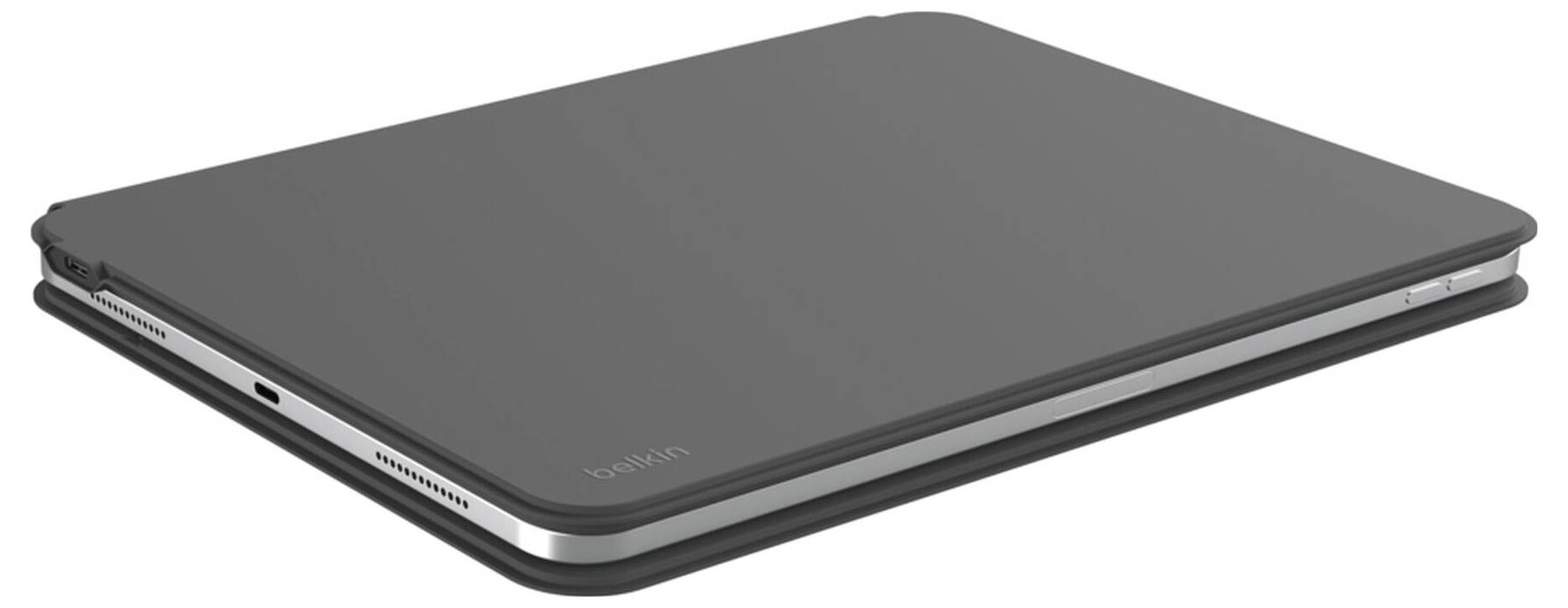 Geschlossenes graues Laptop, das im Winkel dargestellt wird, wobei sein schlankes Profil und die Metallkanten hervorgehoben werden.