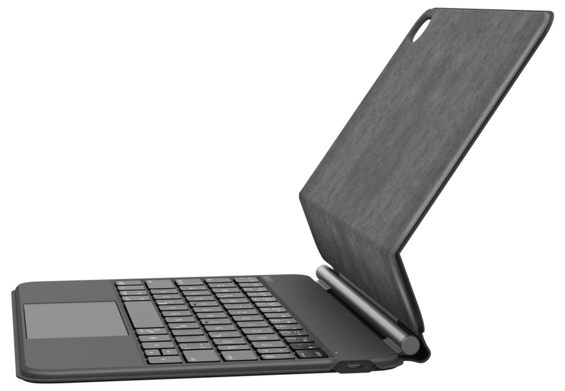 Schwarzer Laptop mit Tastatur und Touchpad, geöffnet in schräger aufrechter Position auf weißem Hintergrund dargestellt.