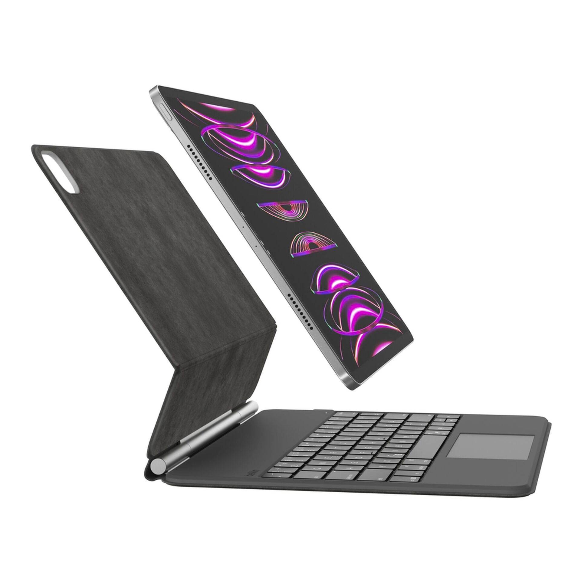 Tablet mit einer Tastatur-Folio-Hülle, geöffnet dargestellt, wobei das Tablet über der Basis angehoben ist und ein Stiftehalter auf dem Deckel angebracht ist