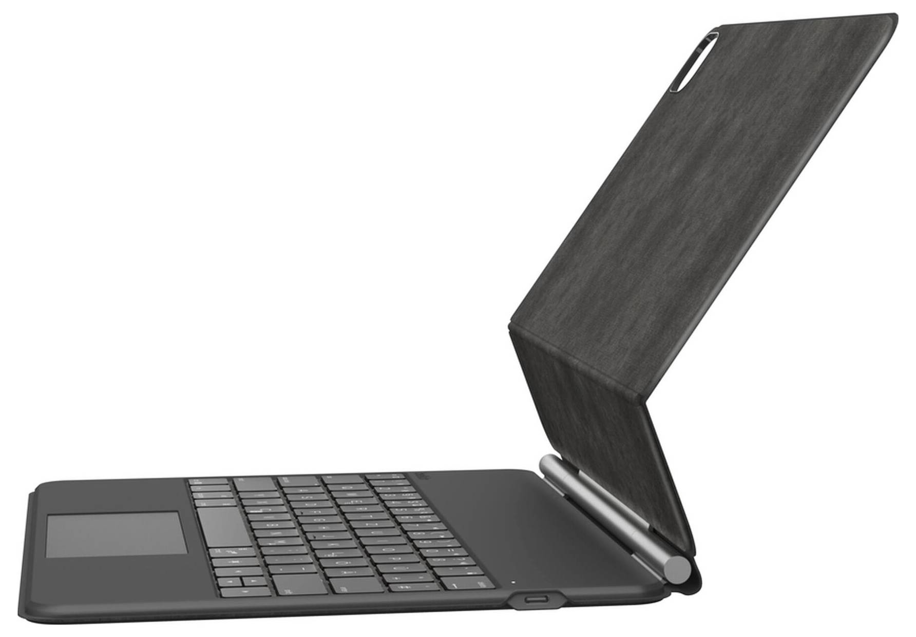 Schwarzer Laptop mit einem abnehmbaren Bildschirm, der aufrecht hinter der Tastatur eingeklappt ist, gezeigt in der Seitenansicht auf weißem Hintergrund.