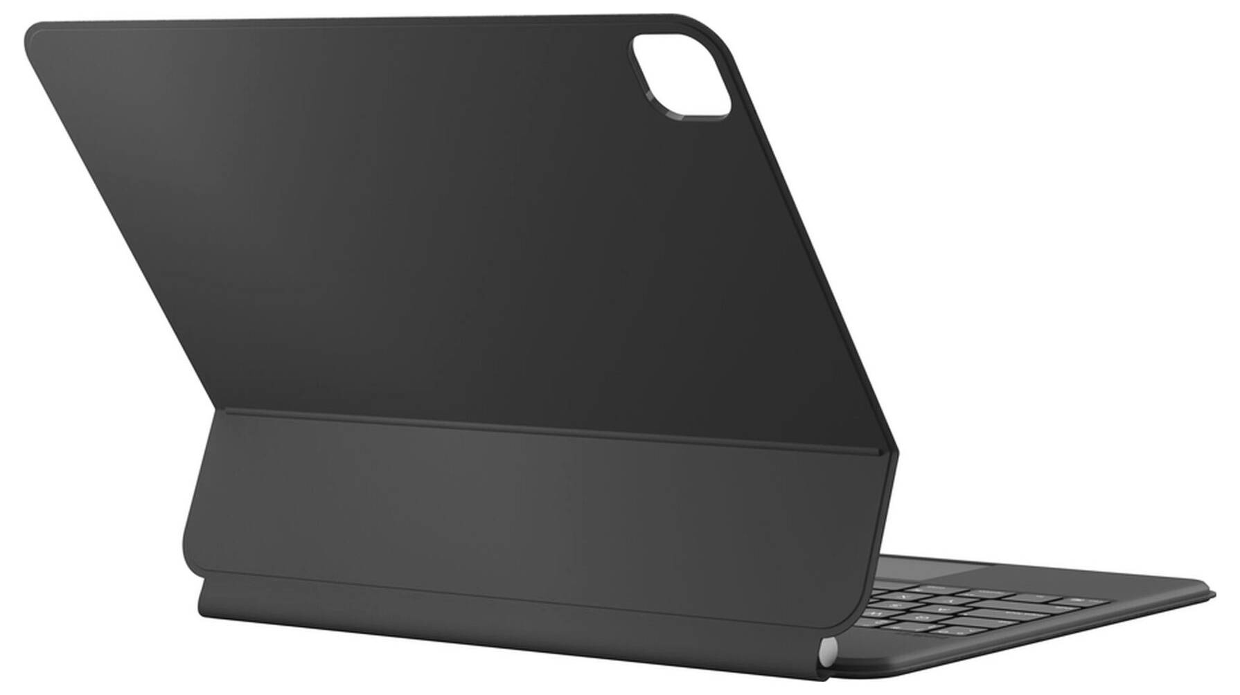 Schwarzes Klapptablet-Tastaturgehäuse in Seitenansicht geöffnet, mit integriertem Ständer und Kameraaussparung.