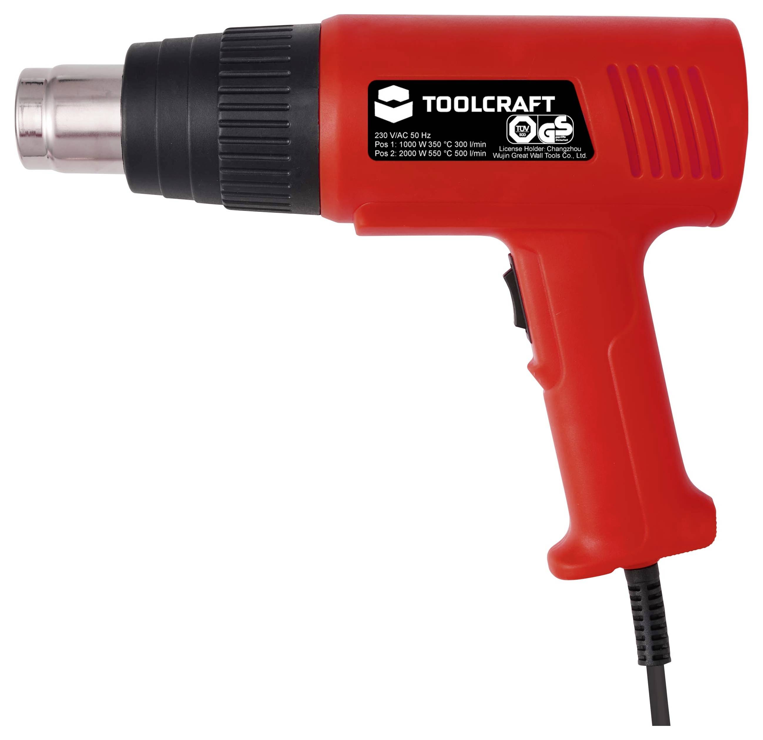 Roter Heißluftfön mit Kabel, Metalldüse und schwarzem Griff, beschriftet mit „TOOLCRAFT