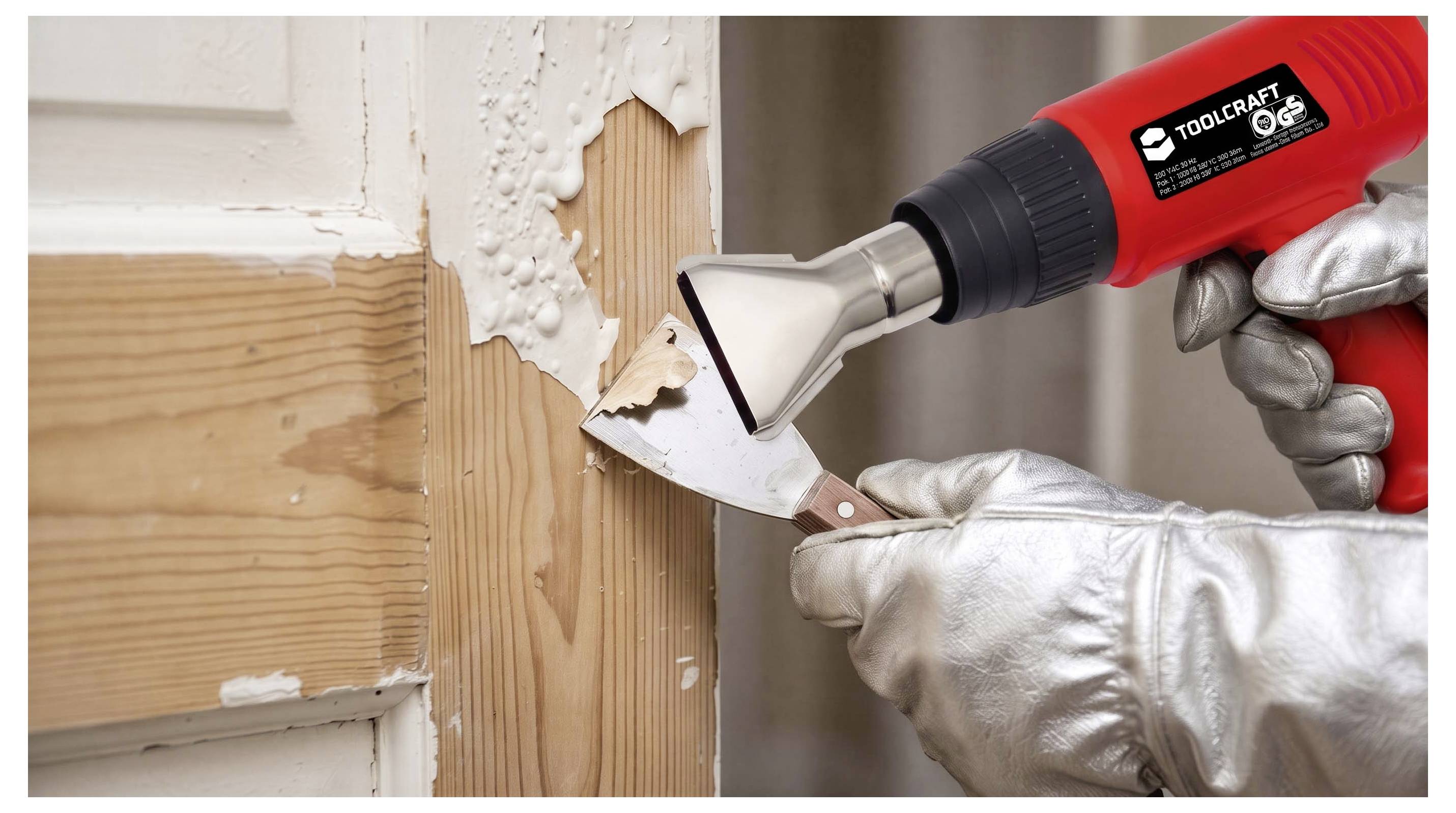 Behandschuhte Hände verwenden eine Heißluftpistole und einen Schaber, um abblätternde Farbe von Holzleisten und Wandkanten während einer Renovierung abzutragen.