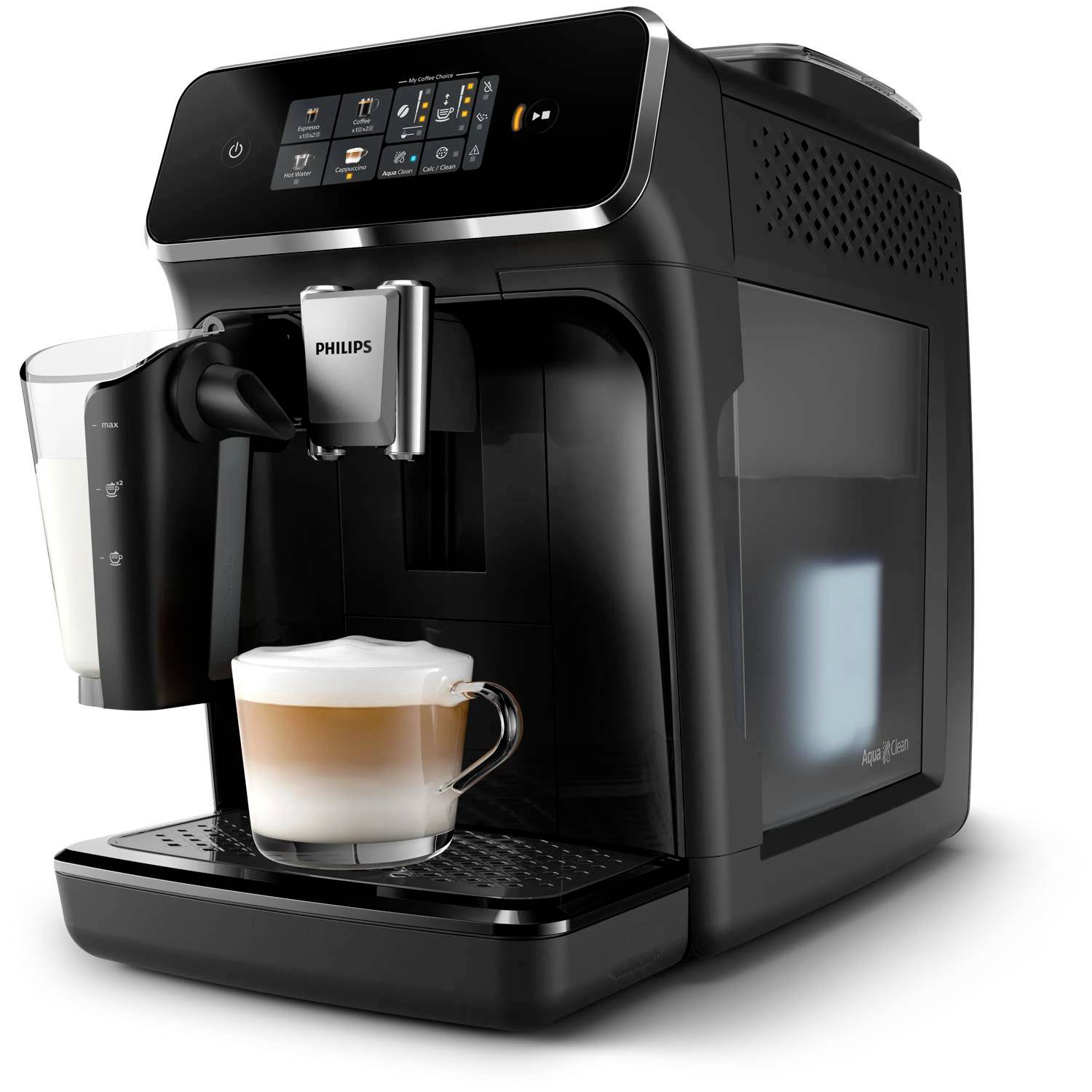 Philips vollautomatische Kaffeemaschine, die einen geschichteten Latte in ein transparentes Glas auf der Tropfschale abgibt, mit angebrachtem Milchbehälter.