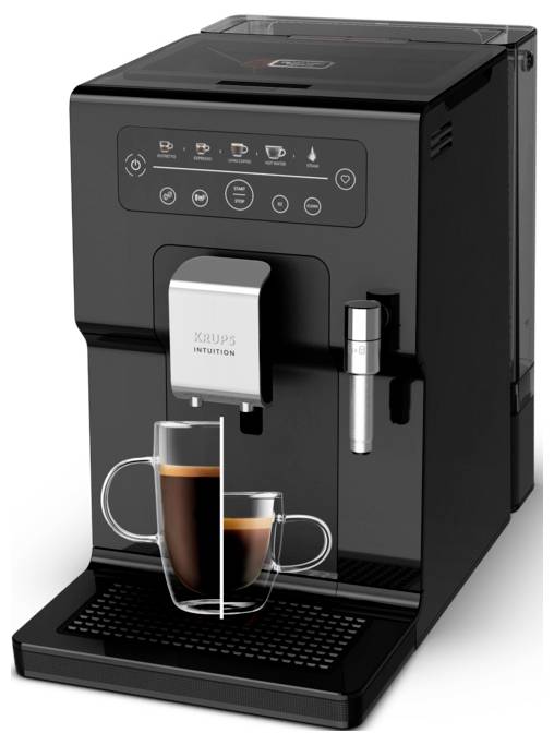 Schwarze automatische Kaffeemaschine, die Kaffee in eine Glastasse dispensiert, mit einem sichtbaren Bedienfeld und einer Dampfdüse.