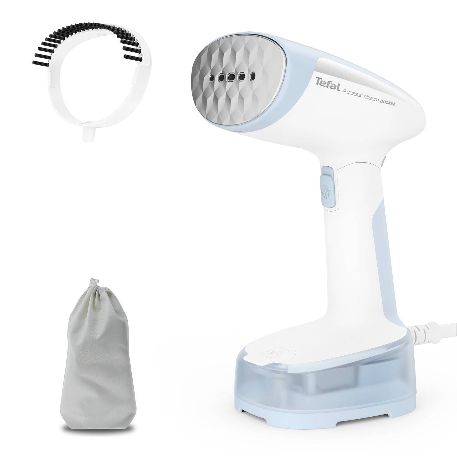 Weiß-hellblauer tragbarer Tefal-Kleiderdampfer mit abnehmbarem Bürstenkopf und Aufbewahrungstasche auf weißem Hintergrund.