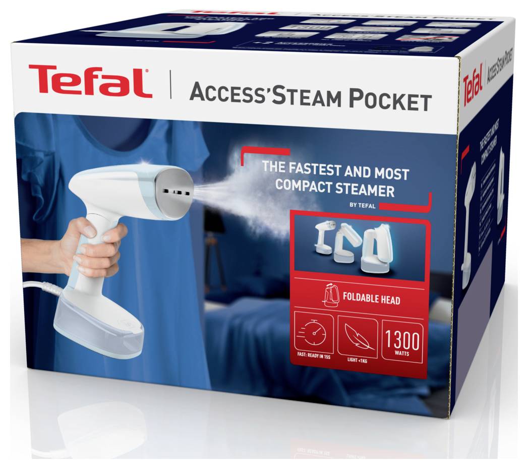 Tefal Access Steam Pocket tragbarer Dampfglätter in einer Schachtel mit einer Person, die den Dampfglätter verwendet, sowie Text „Der schnellste und kompakteste Dampfglätter