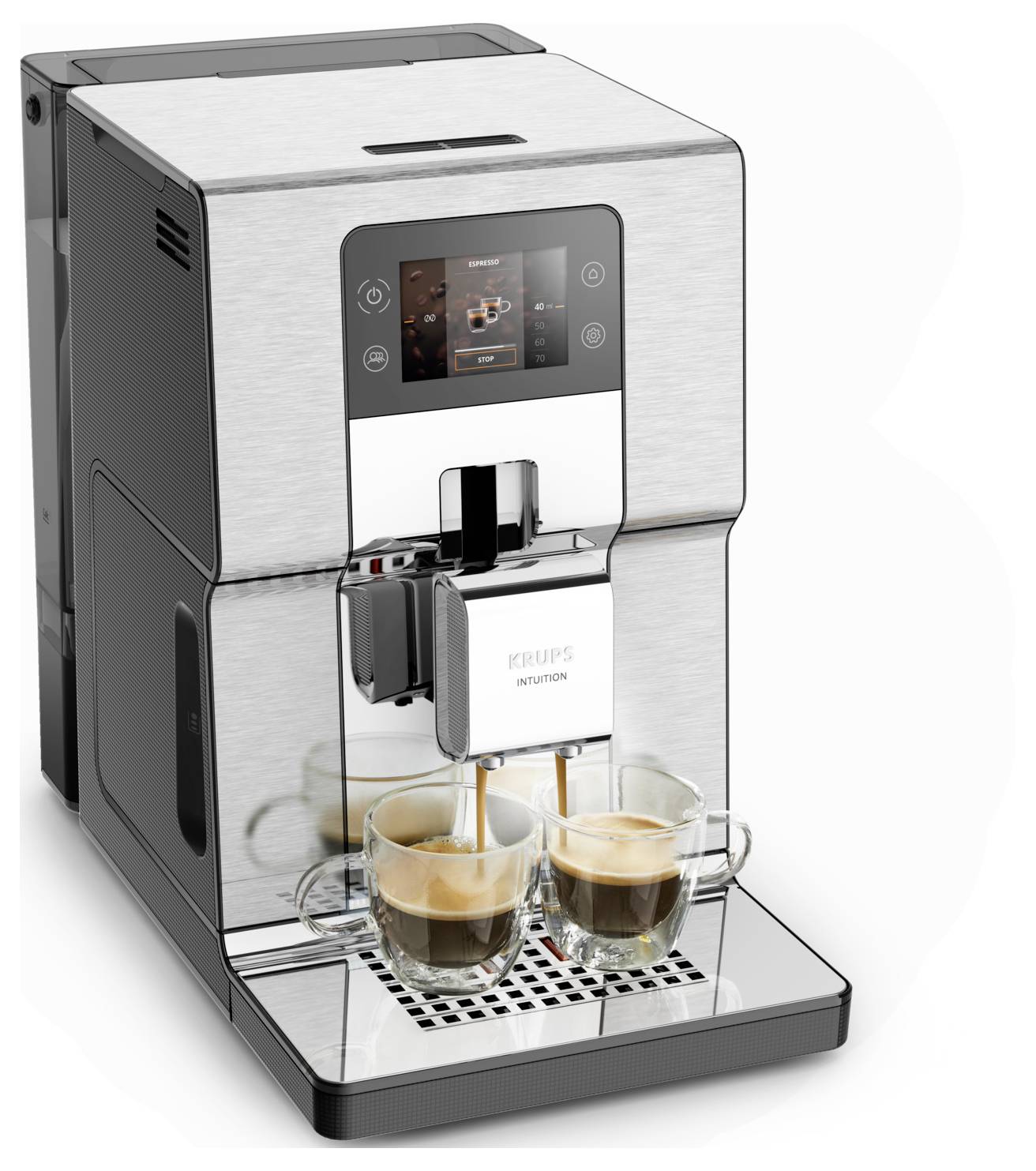 Edelstahl-Vollautomatische Kaffeemaschine, die zwei kleine Espressotassen auf einem Tropfblech braut, mit einem Touchscreen-Bedienfeld.