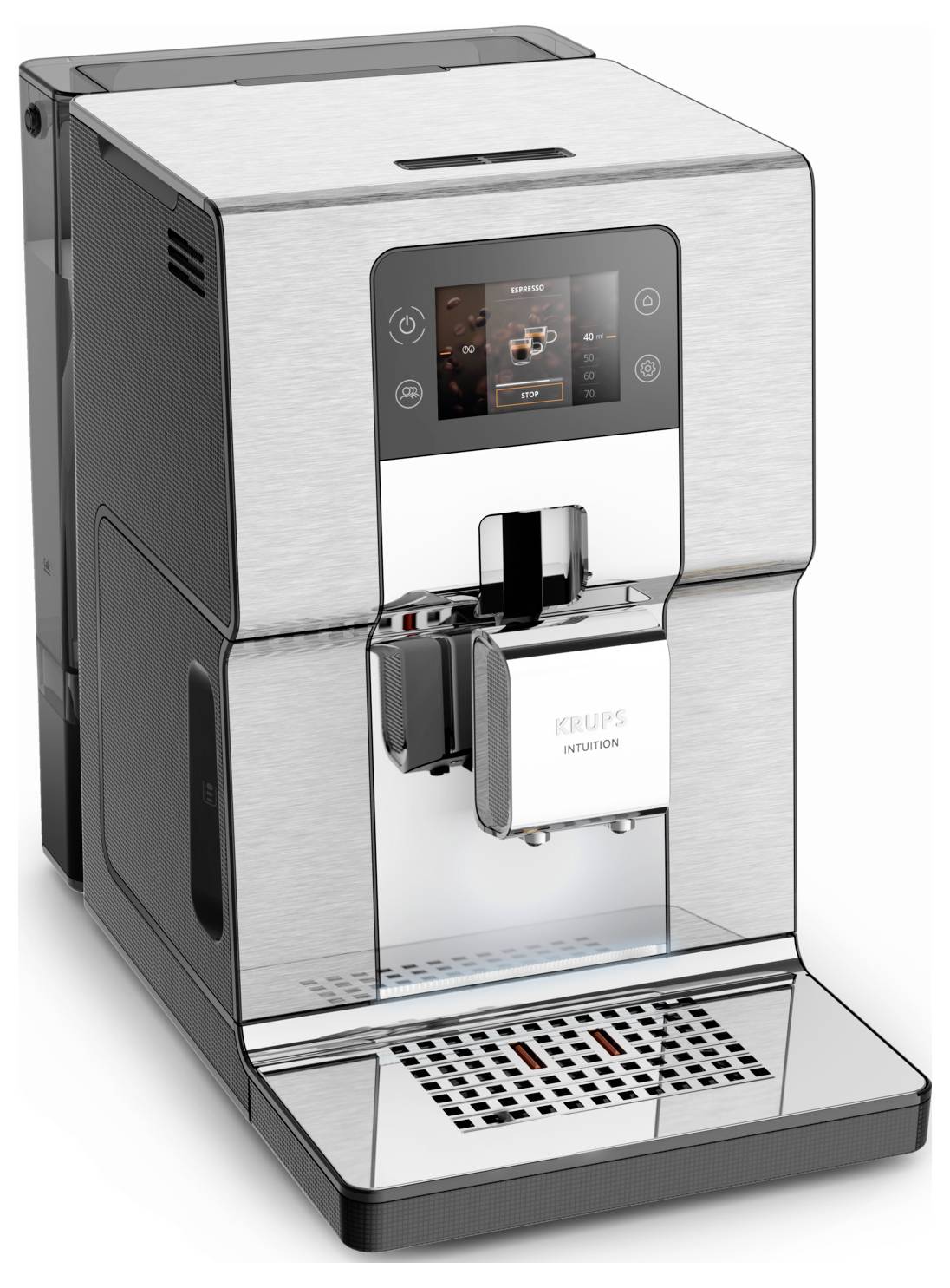Eine Edelstahl-Espressomaschine von Philips mit Touchscreen-Bedienung, automatischem Kaffeeauslauf, Abtropfschale und Wassertank.