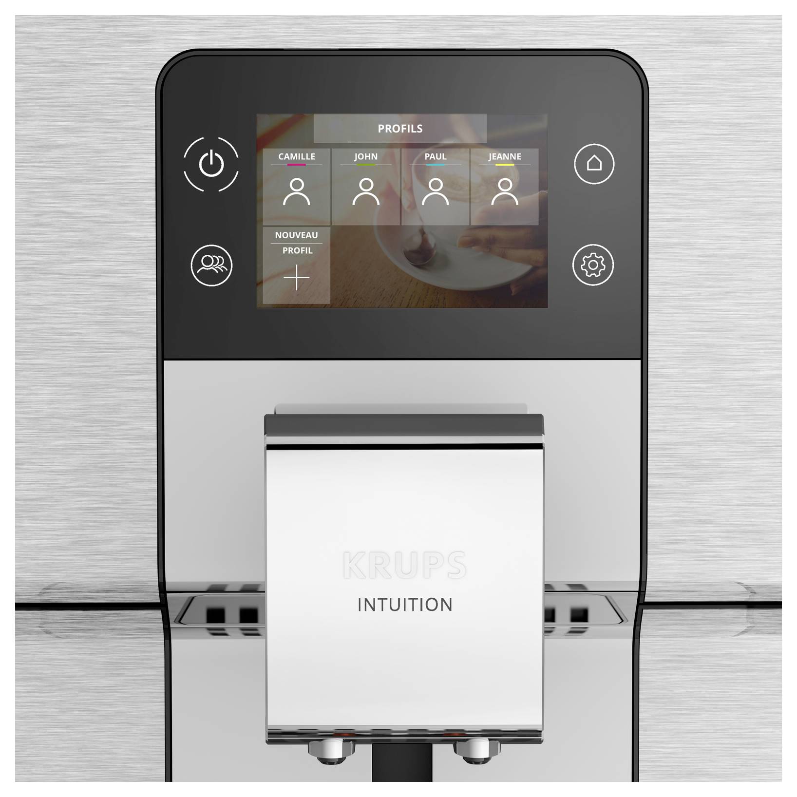 Vorderansicht einer KRUPS Intuition Kaffeemaschine mit Touchscreen, auf dem 