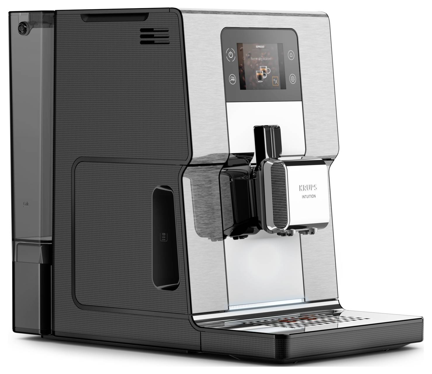 Moderne Philips-Vollautomatische Kaffeemaschine mit Touchscreen, frontaler Ausgabe und Tassenplattform, in Seitenansicht auf weißem Hintergrund dargestellt.