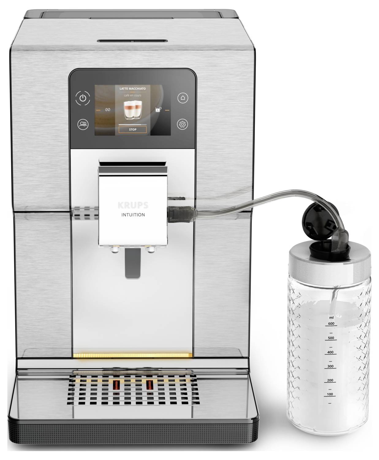 Edelstahl-KRUPS-Kaffeemaschine mit Touchscreen, die Kaffee in einen verbundenen transparenten Milchbehälter dispensiert.