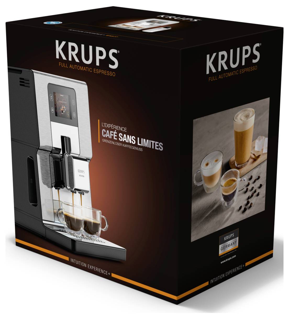 KRUPS Vollautomat-Espressomaschine Verpackung mit Darstellung der Maschine, die zwei Espressotassen und einen Latte zubereitet.