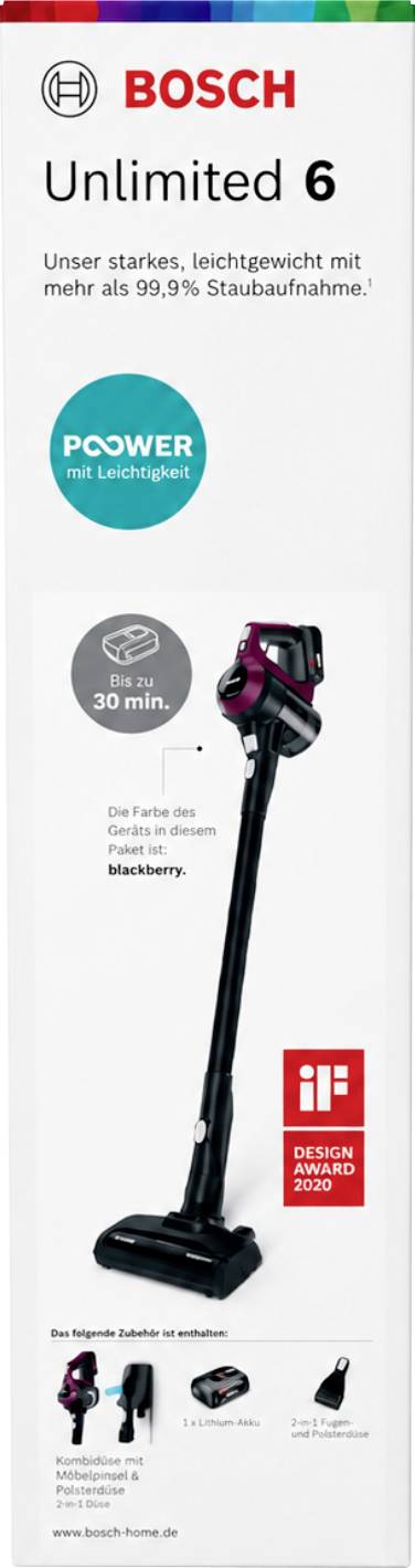 Bosch Unlimited 6 kabelloses Staubsauger Werbeanzeige, die Leistung, leichtes Design, 99,9% Staubaufnahme, 30 Minuten Akkulaufzeit und Design Award 2020 hervorhebt.