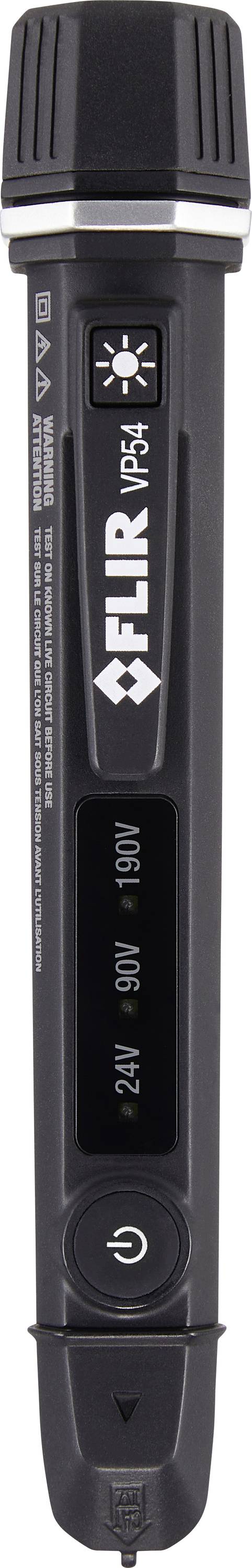 FLIR VP52 Spannungsprüfstift mit Taschenlampen-Symbol, Spannungsbereichsmarkierungen, Netztaste und Sondenspitze auf weißem Hintergrund