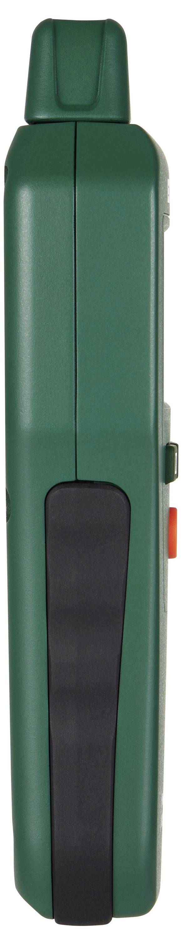 Grüner tragbarer Scanner oder Detektor mit schwarzem Frontpaneel, Seitentaste und orangem Schalter, aufrecht auf weißem Hintergrund abgebildet.