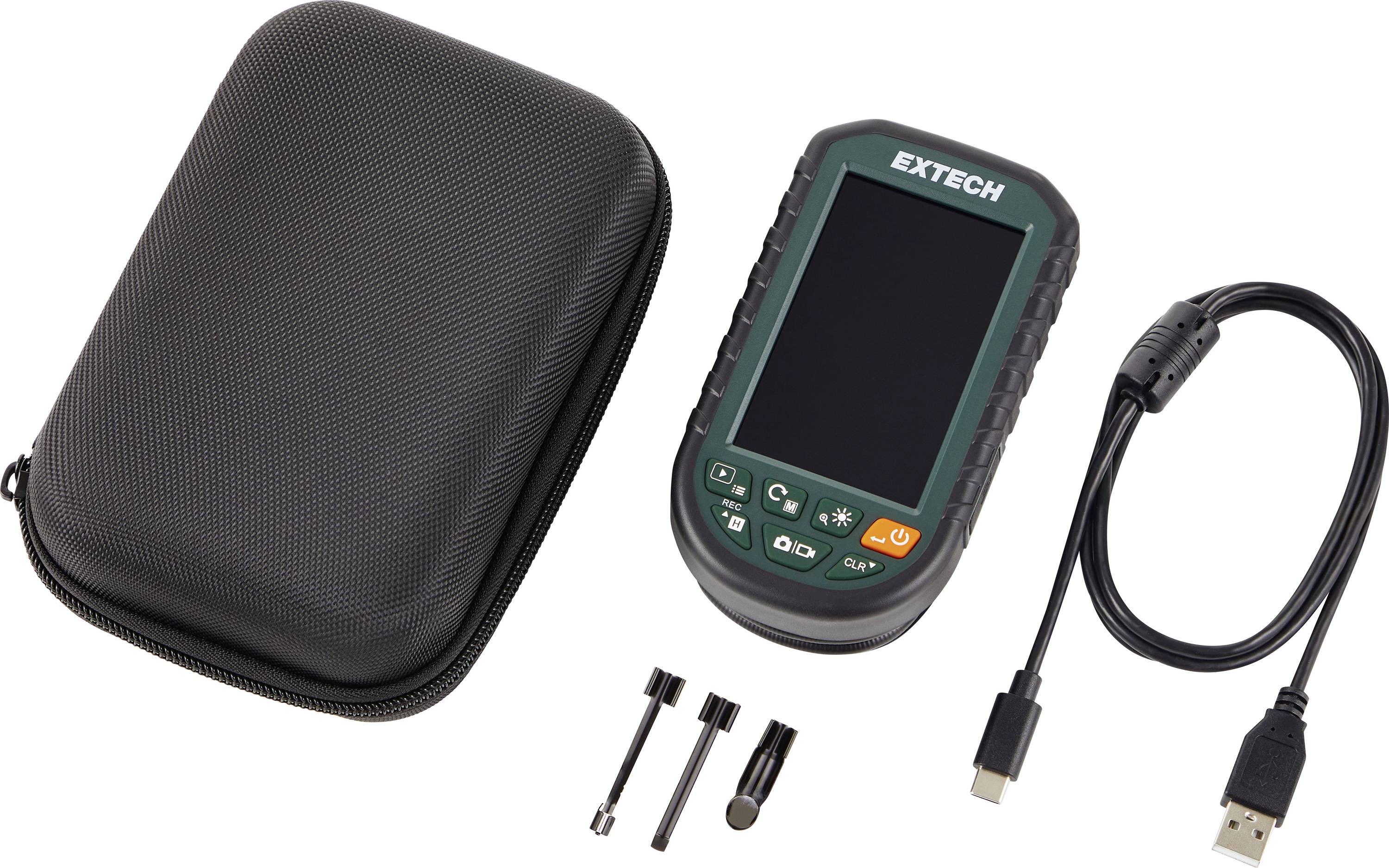 Extech tragbares Inspektionsmonitor mit USB-Kabel, drei Sondenaufsätzen und einer schwarzen Reißverschlusstasche auf weißem Hintergrund.