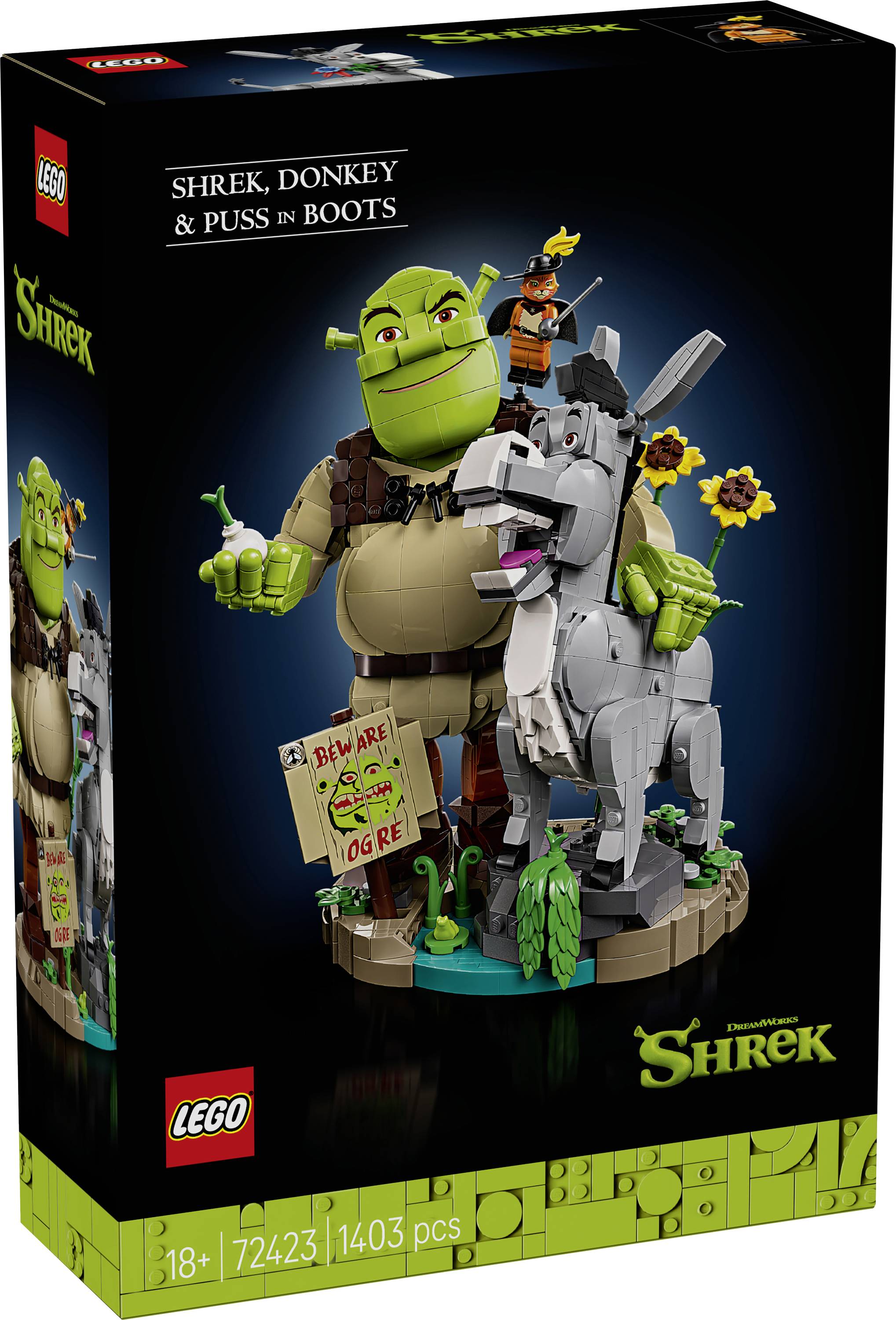 LEGO Shrek Set Box mit Shrek, Esel und Puss in Stiefeln, mit dem Titel „Shrek, Esel & Puss in Stiefeln