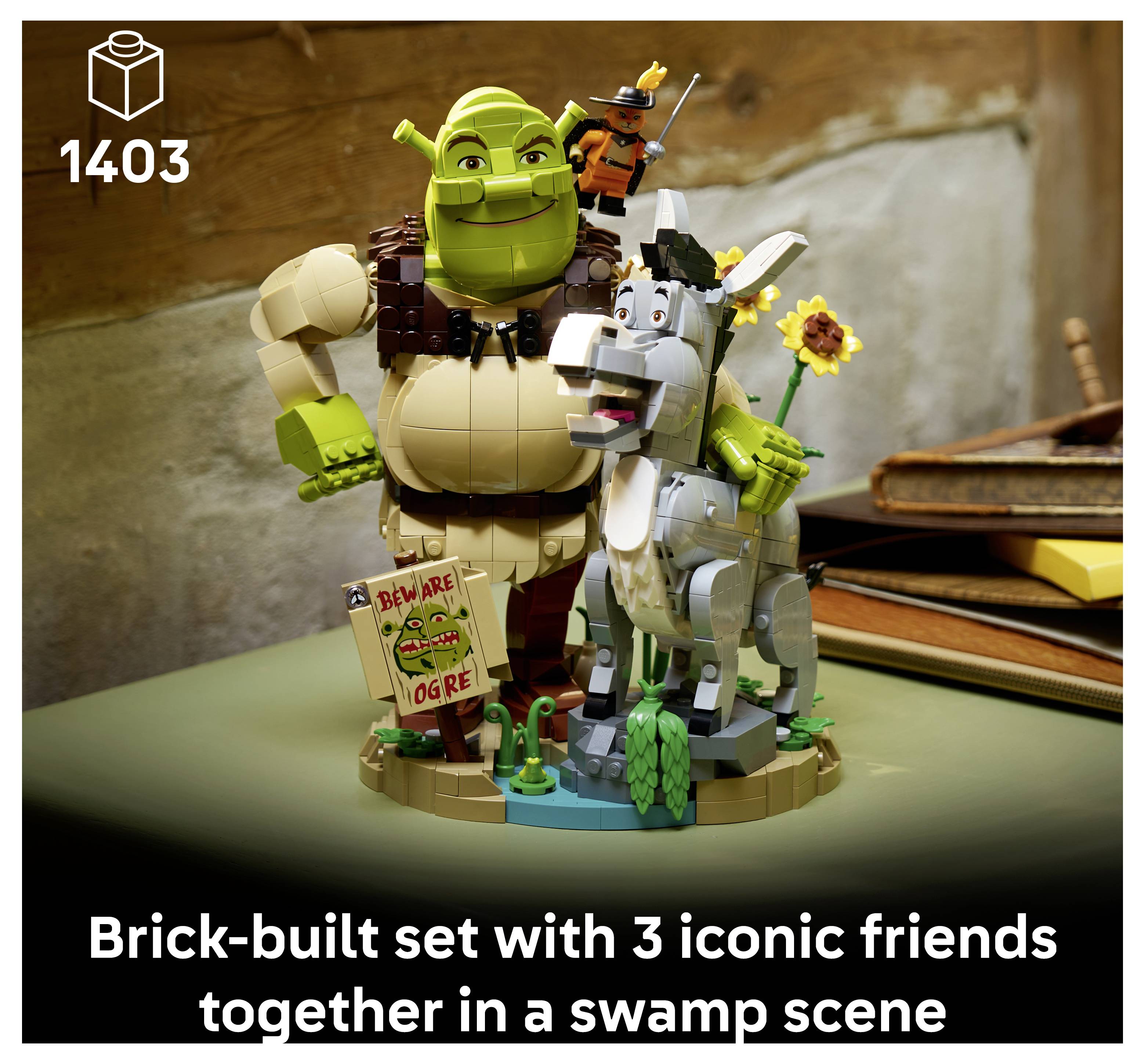 LEGO-Set 1403 zeigt Shrek und Esel in einer Sumpfszene, mit einem Schild, das „Vorsicht Oger