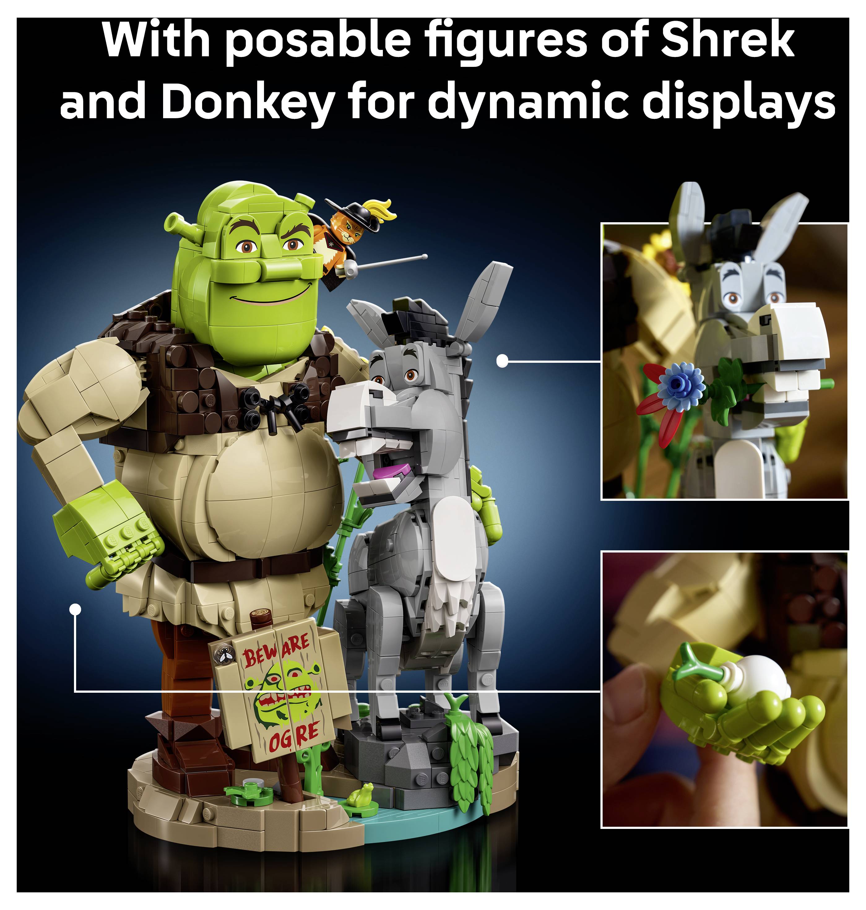 Werbebild mit LEGO-ähnlichen Shrek- und Donkey-Figuren mit eingefügten Nahaufnahmen, beschriftet mit „Mit beweglichen Figuren von Shrek und Donkey für dynamische Ausstellungen
