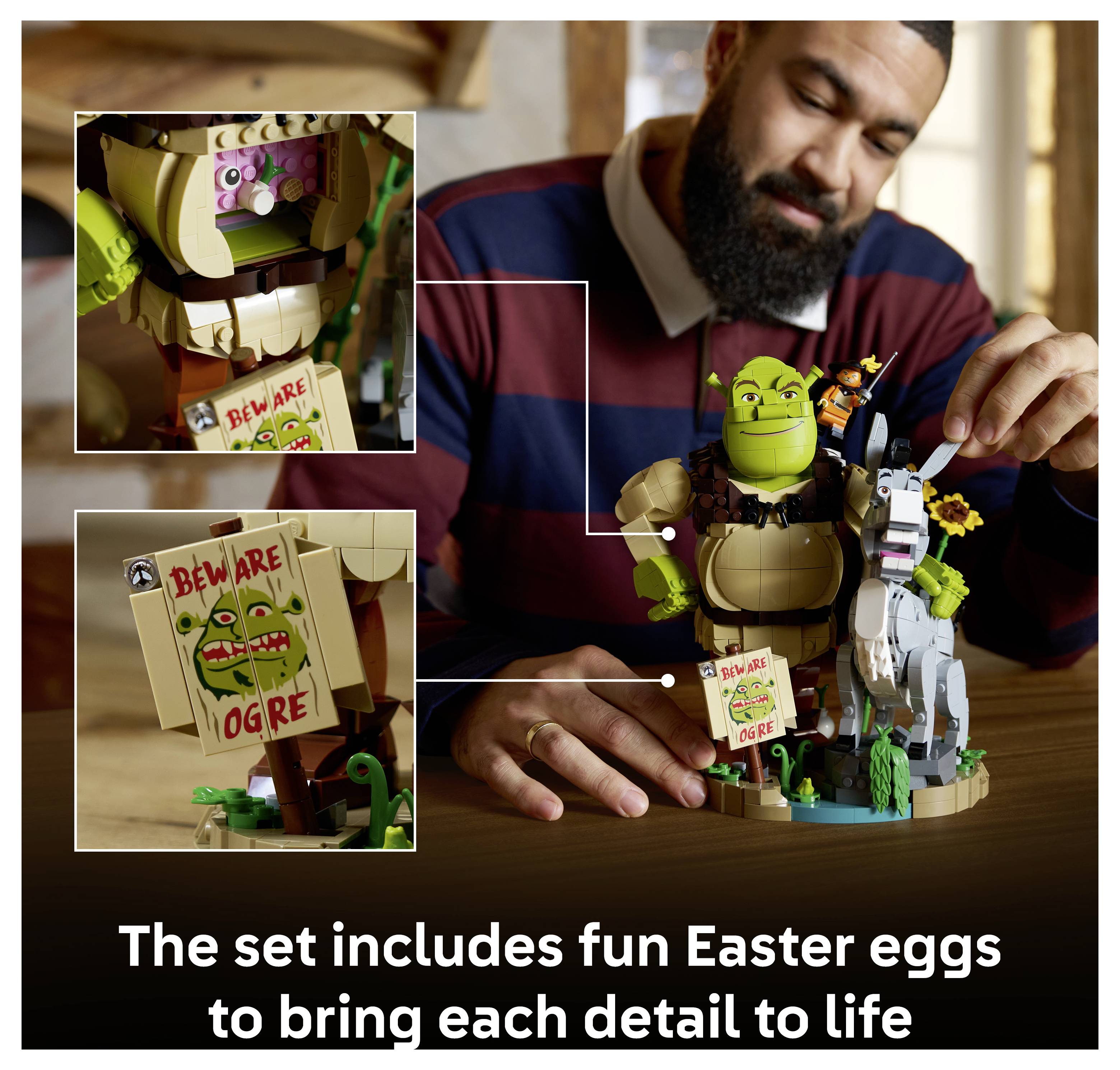 Ein Mann baut ein LEGO-Shrek-Set zusammen, das Shrek, den Esel und ein Warnsschild für Oger enthält; Nahaufnahmen zeigen versteckte Easter Eggs.