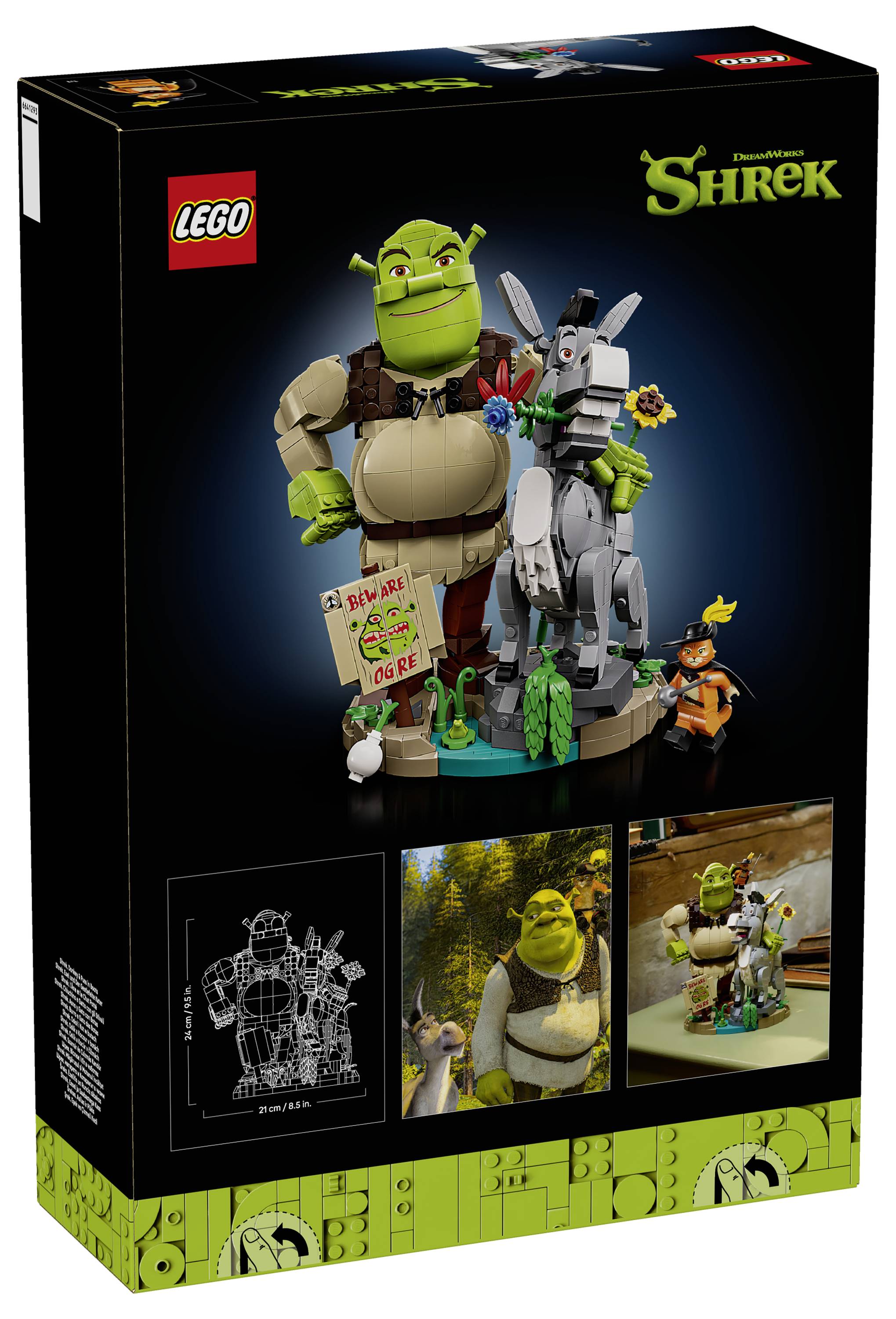 LEGO Shrek Set-Box mit Shrek- und Esel-Minifiguren, mit drei Bau-Anzeigebildern und dem Shrek-Logo auf einer schwarzen Box.